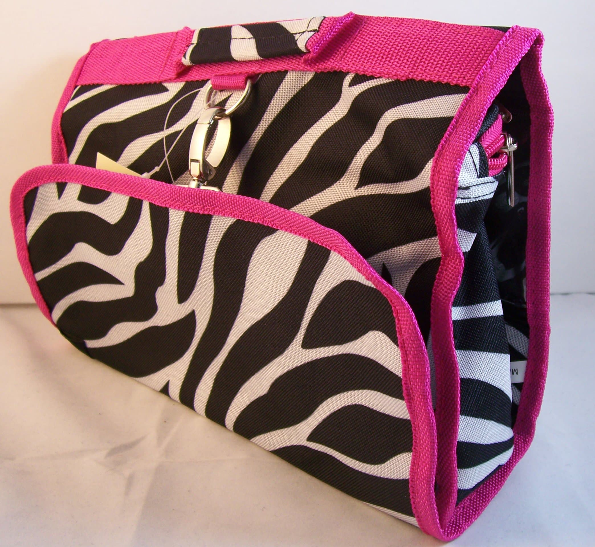 Zebra Print Hanging Folding Cosmetic Roll up Bag Pink Trim