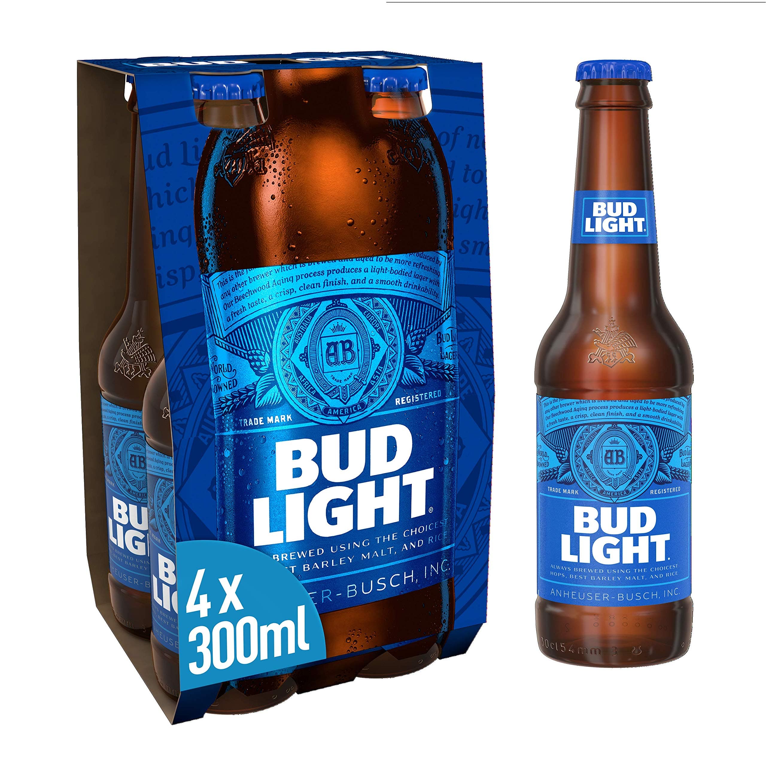 Bud Light Lager Beer Bottle, 4 x 300ml