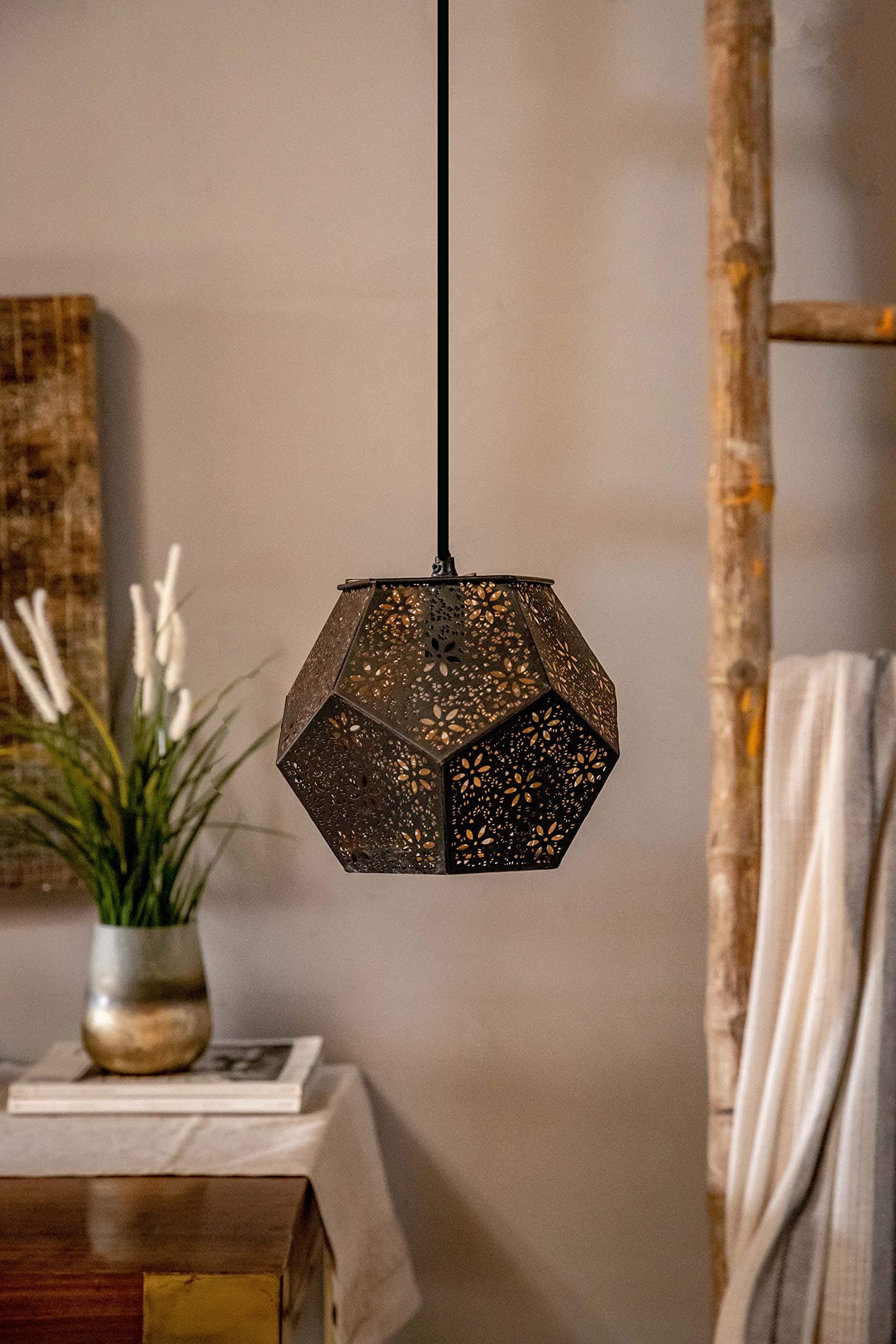 Logam Black & Gold Polyhedron Pendant Hanging Ceiling Light, E - 14 Bulb Holder, Without Bulb, 23 x 23 x 19 cm
