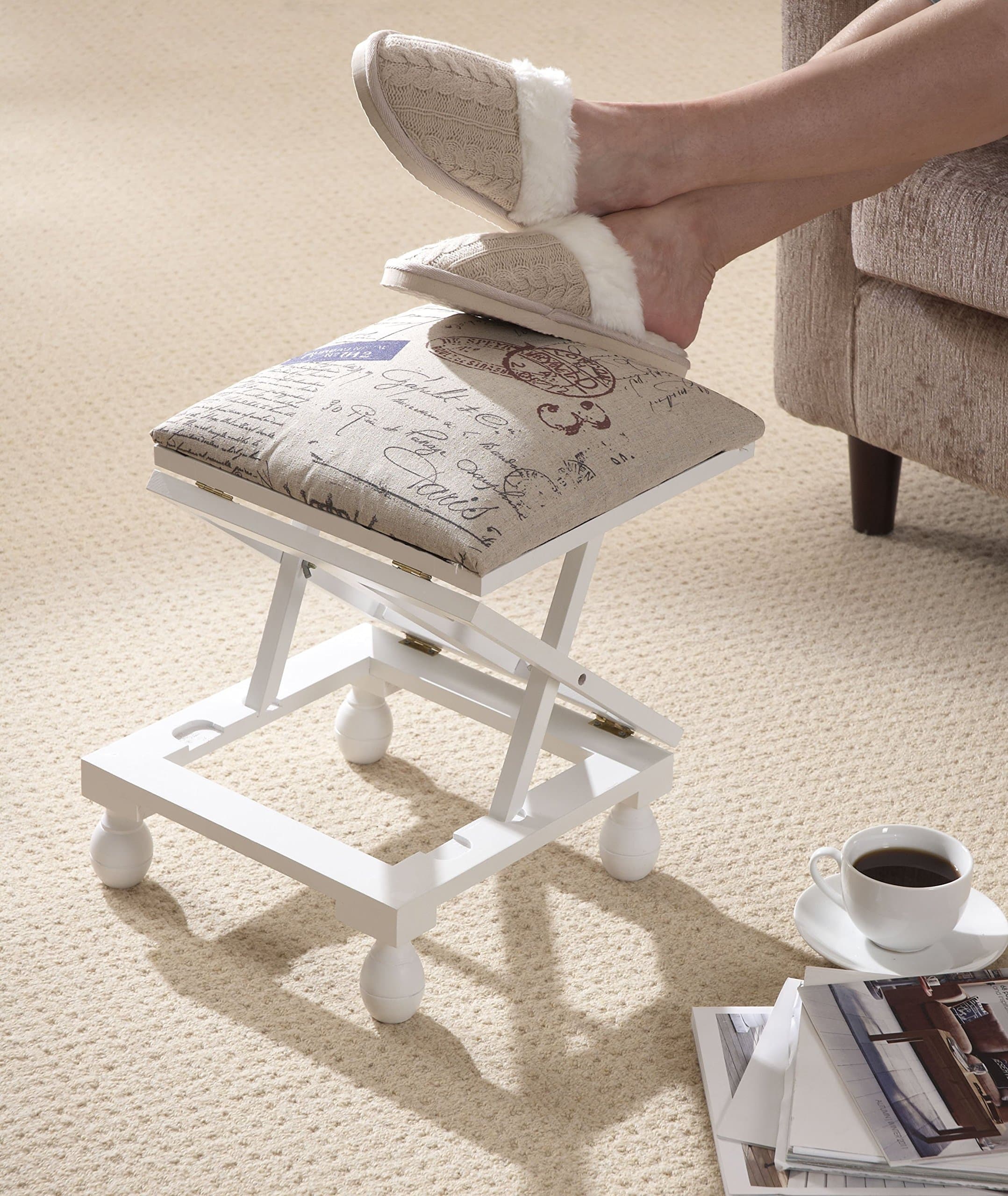 walford Adjustable Footstool 3 Position Stool Padded Footstool Tapestry Style Fabric White Wooden Frame