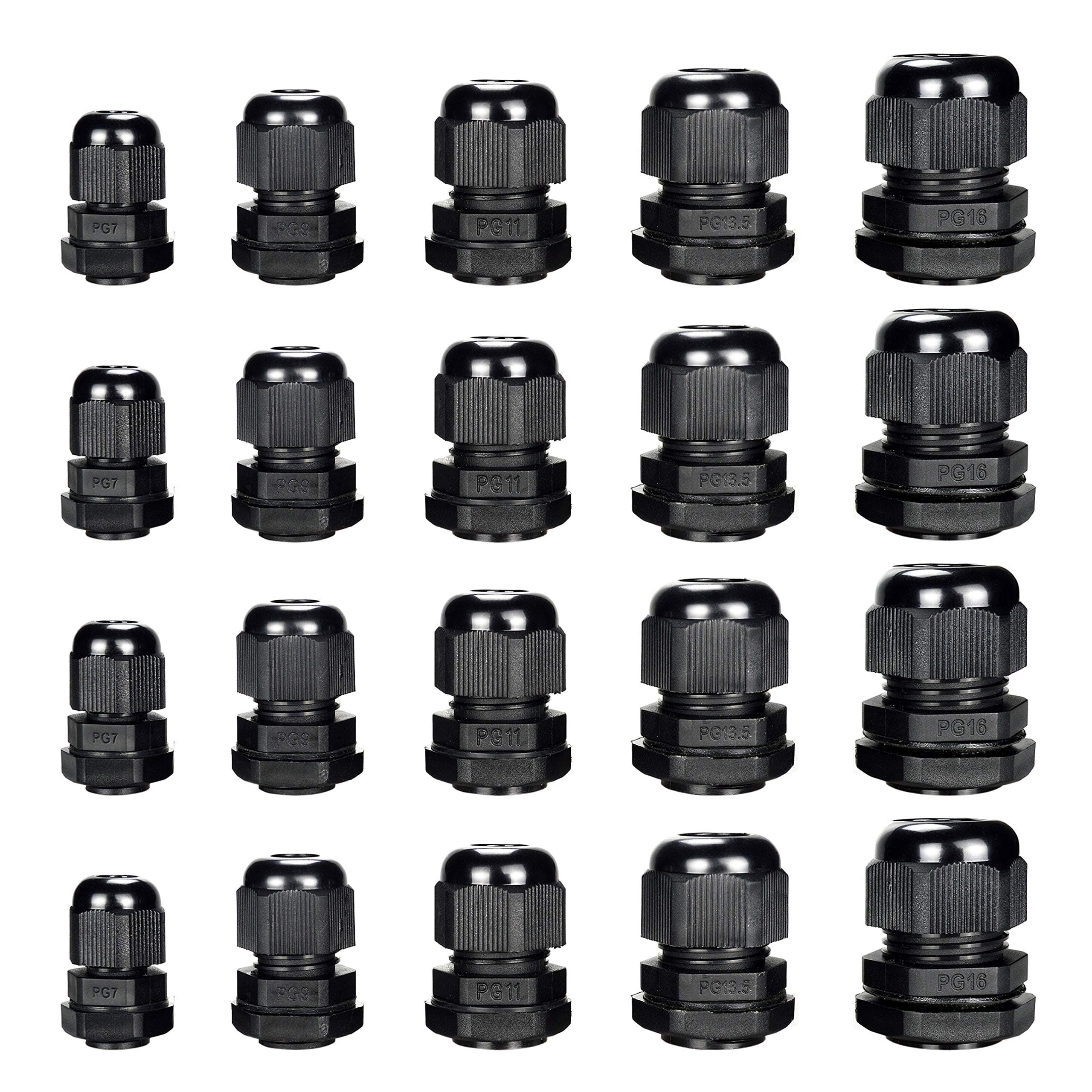 Cable Gland - Plastic Waterproof Cable Connector Adjustable 0.12 to 0.55 inch Cable, PG7, PG9, PG11, PG13.5, PG16, Pack of 20 by MoArmor