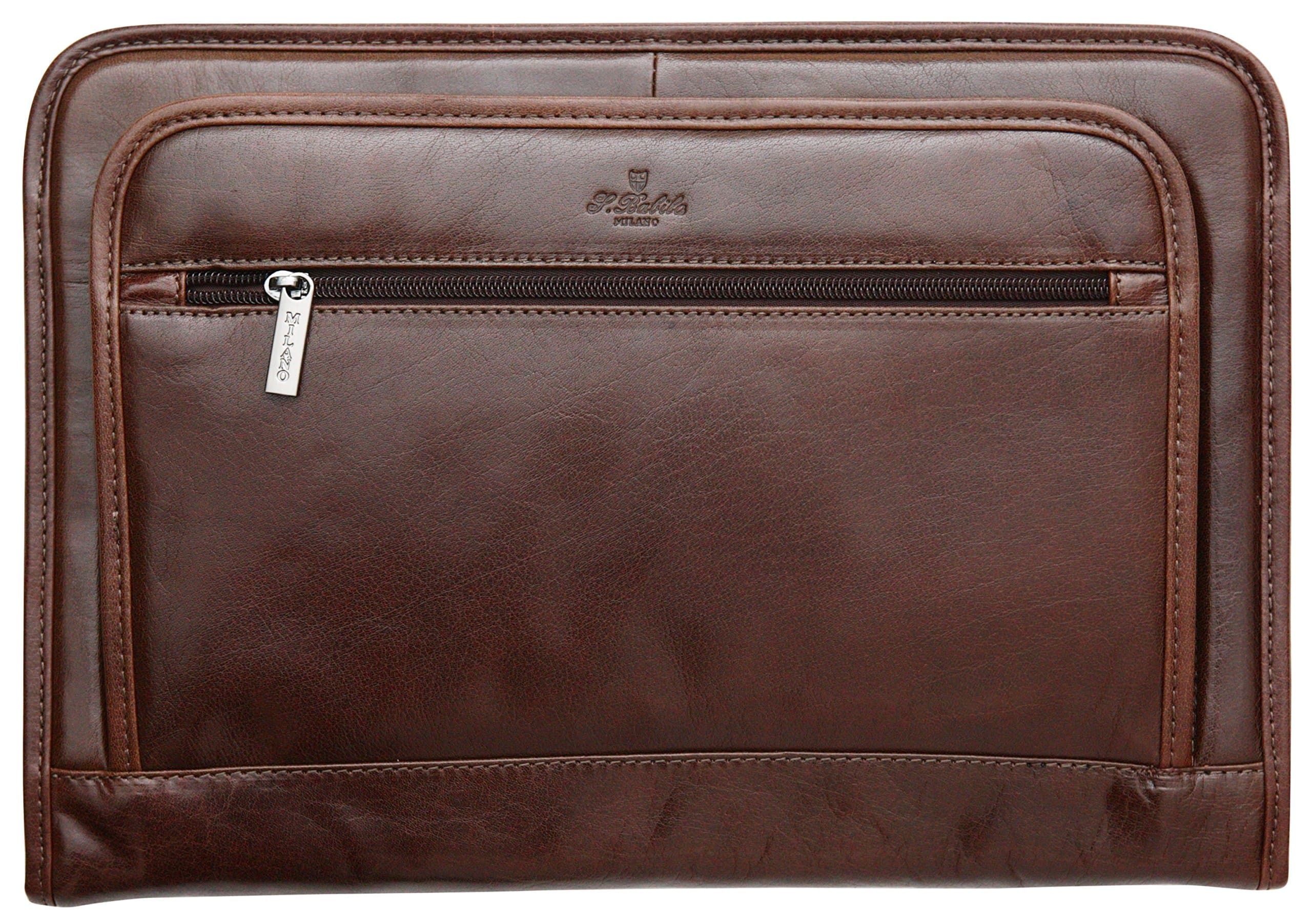 S Babila Top Grain Leather Conference Folder - Gusseted Storage Pocket - Brown