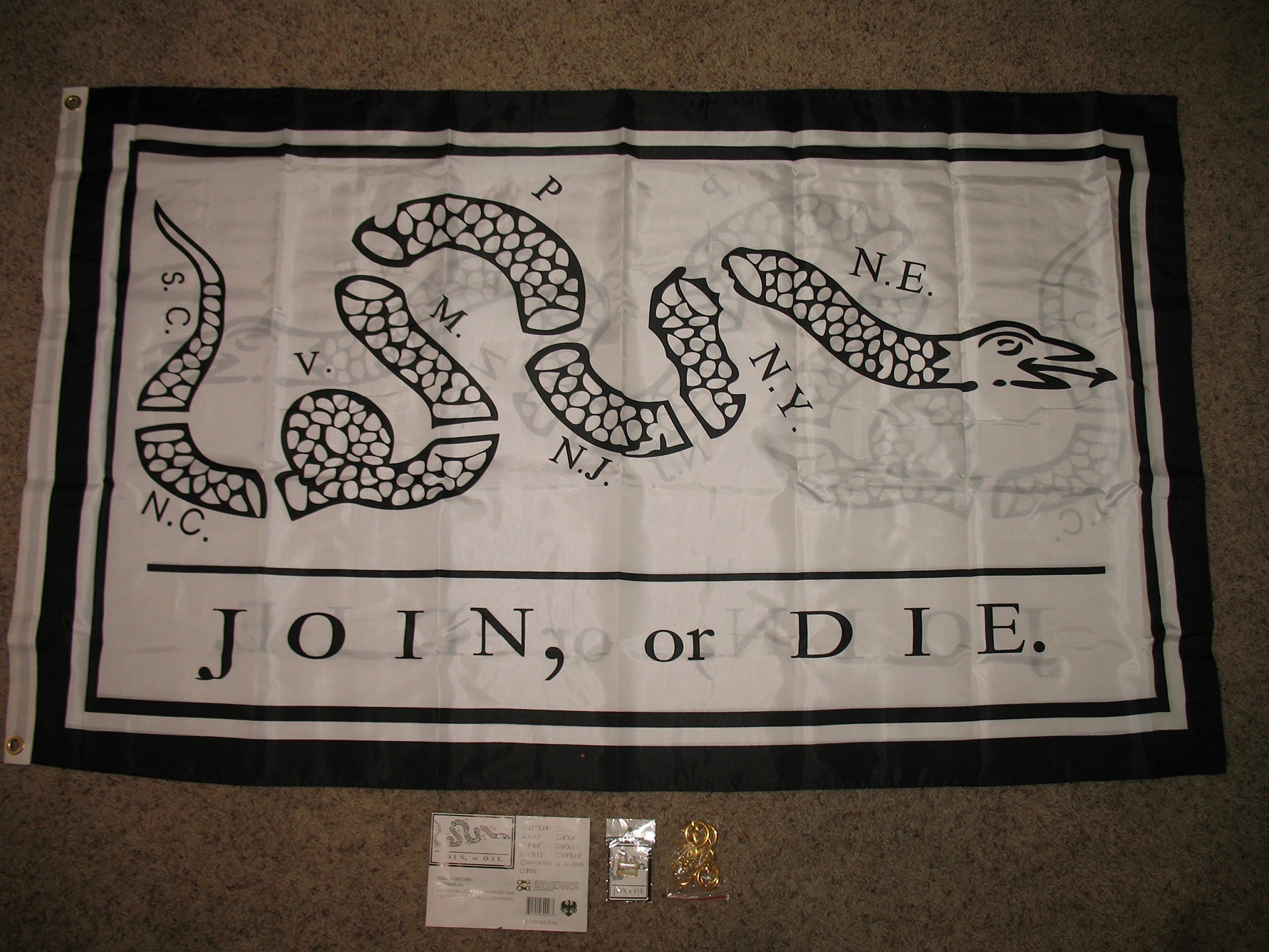 FR 3x5 Historic Benjamin Franklin Join Or Die Heavy Duty Solarmax Nylon 210D Doublesided Flag 3'x5' Banner Gift Set