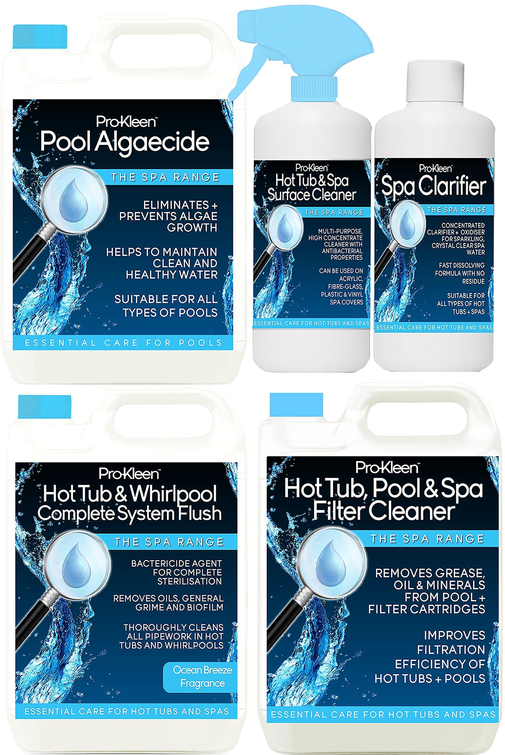 Pro-Kleen 5 Litre Hot Tub & Whirlpool Complete System Flush with Pro-Kleen 5L Filter Cleaner, 5L Pool Algaecide, 1L Spa Clarifier and 1L Surface Cleaner Chemicals