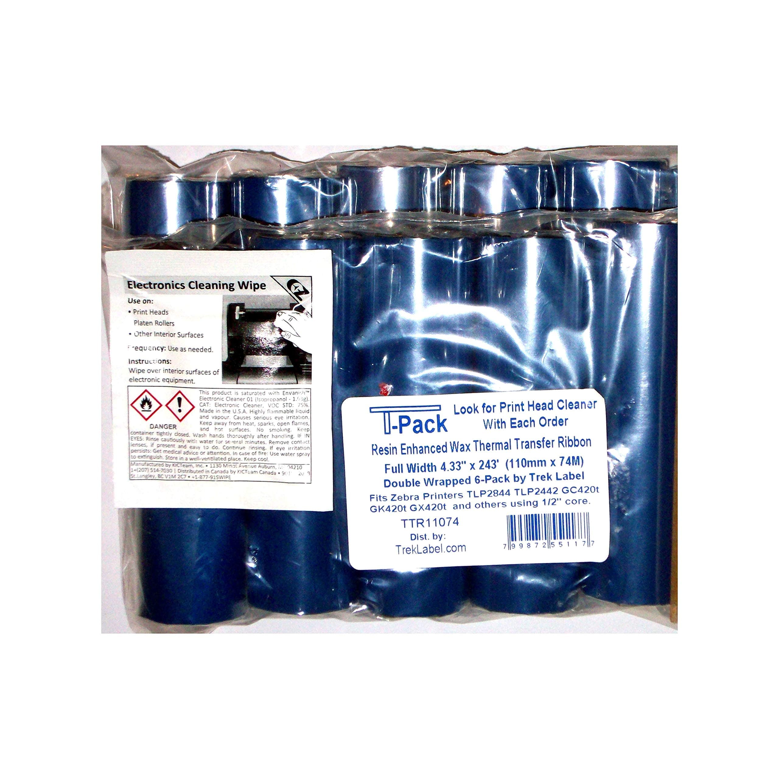 36 Thermal Transfer Ribbons 4.33" 1/2" core for Zebra Desktop TLP2844 TLP2442 GC420t GK420t GX420t. More - Free Print Head Cleaner