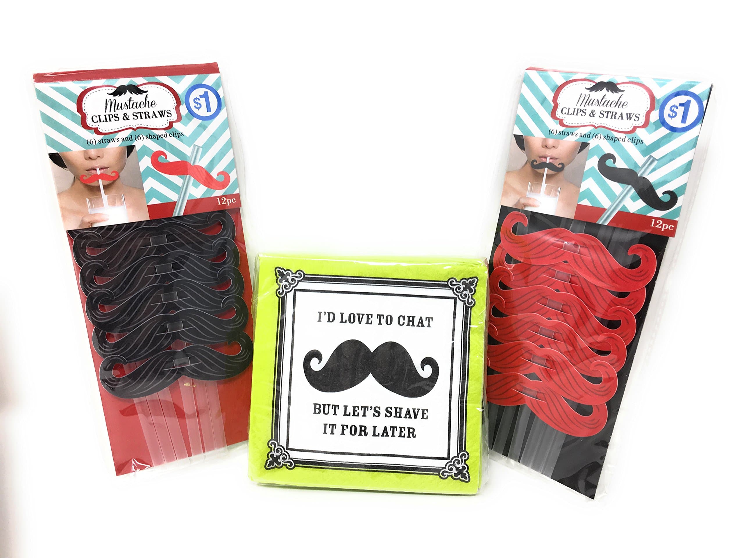 Unique Mustache Party Supply Bundle: 12 Piece Black Straws & Clips & 12 Piece Red Straws & Clips & Durable 30 2-Ply Witty Mustache Napkin Set "I'd Love To Chat But Let's Shave It for Later"