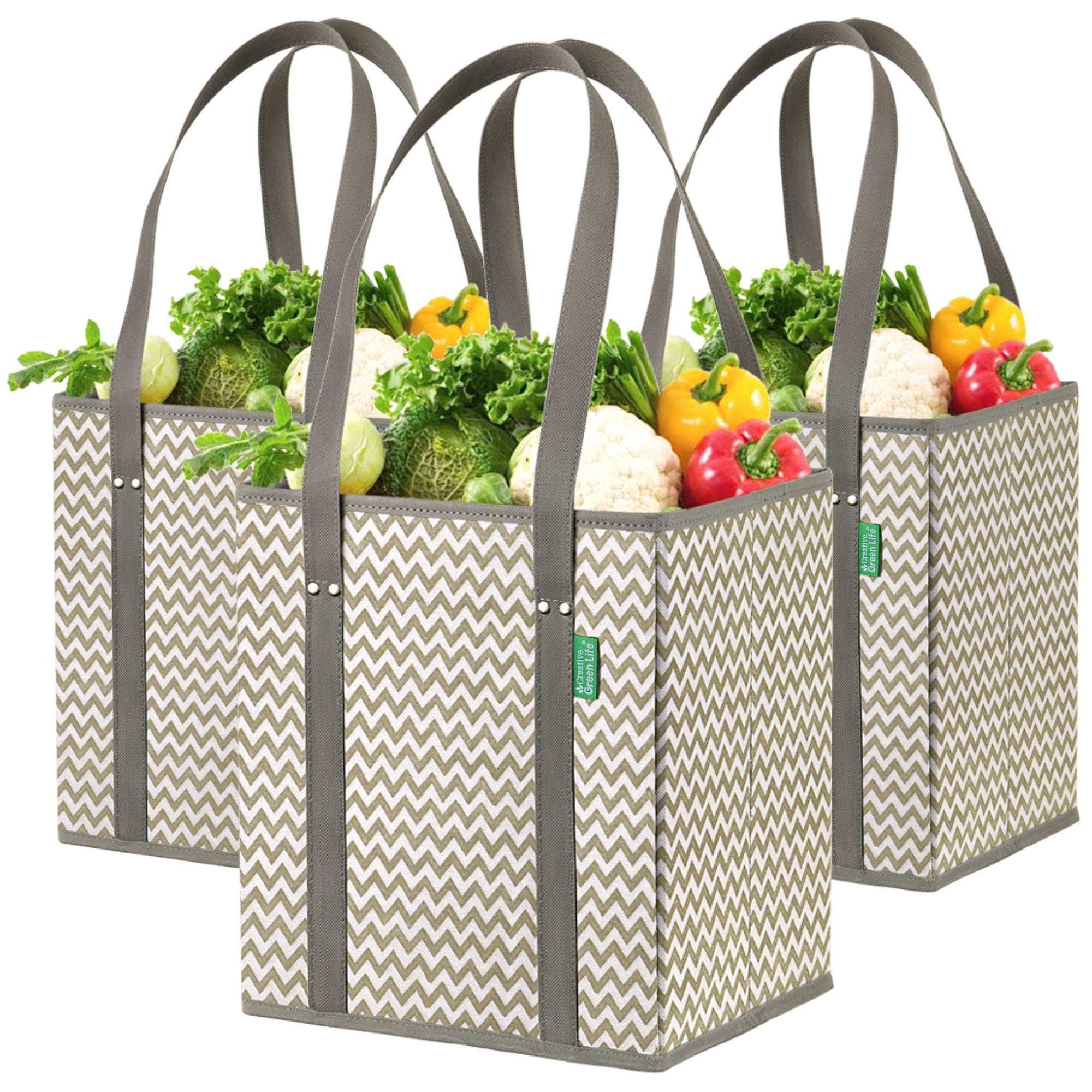 Reusable Shopping Box Bags (3 Pack Chevron). Large, Premium Quality, Heavy Duty Shopper Tote Set with Extra Long Handles, Reinforced Bottom. Foldable, Collapsible, Durable, Eco Friendly
