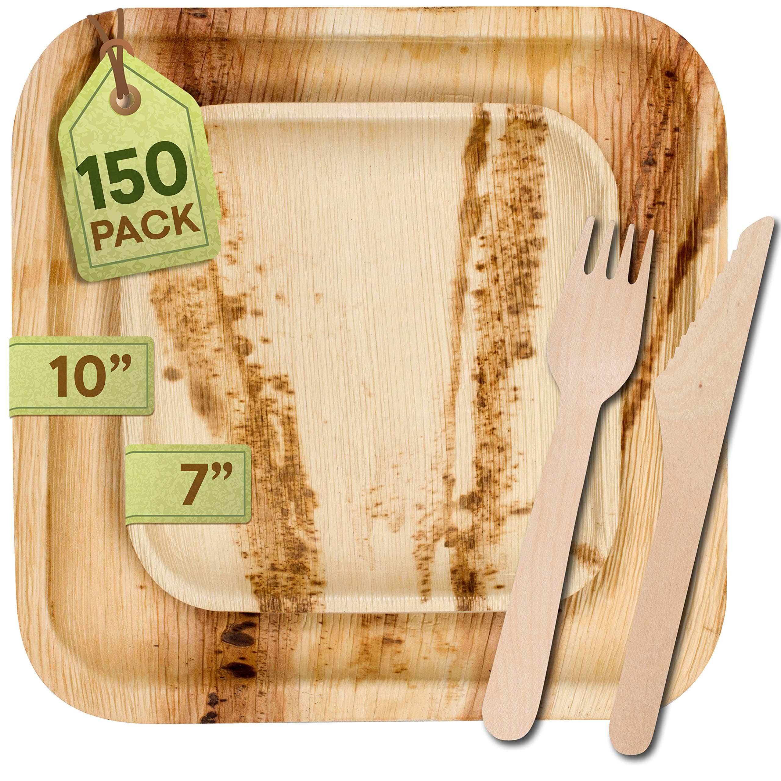 [150 Pack] Eco-Friendly Palm Leaf Plates - Like Bamboo Plates Disposable - Compostable and Biodegradable Square Plates and Cutlery Set - 25 x 10” Plates, 25 x 7” Plates, 50 Wood Forks, 50 Wood Knives