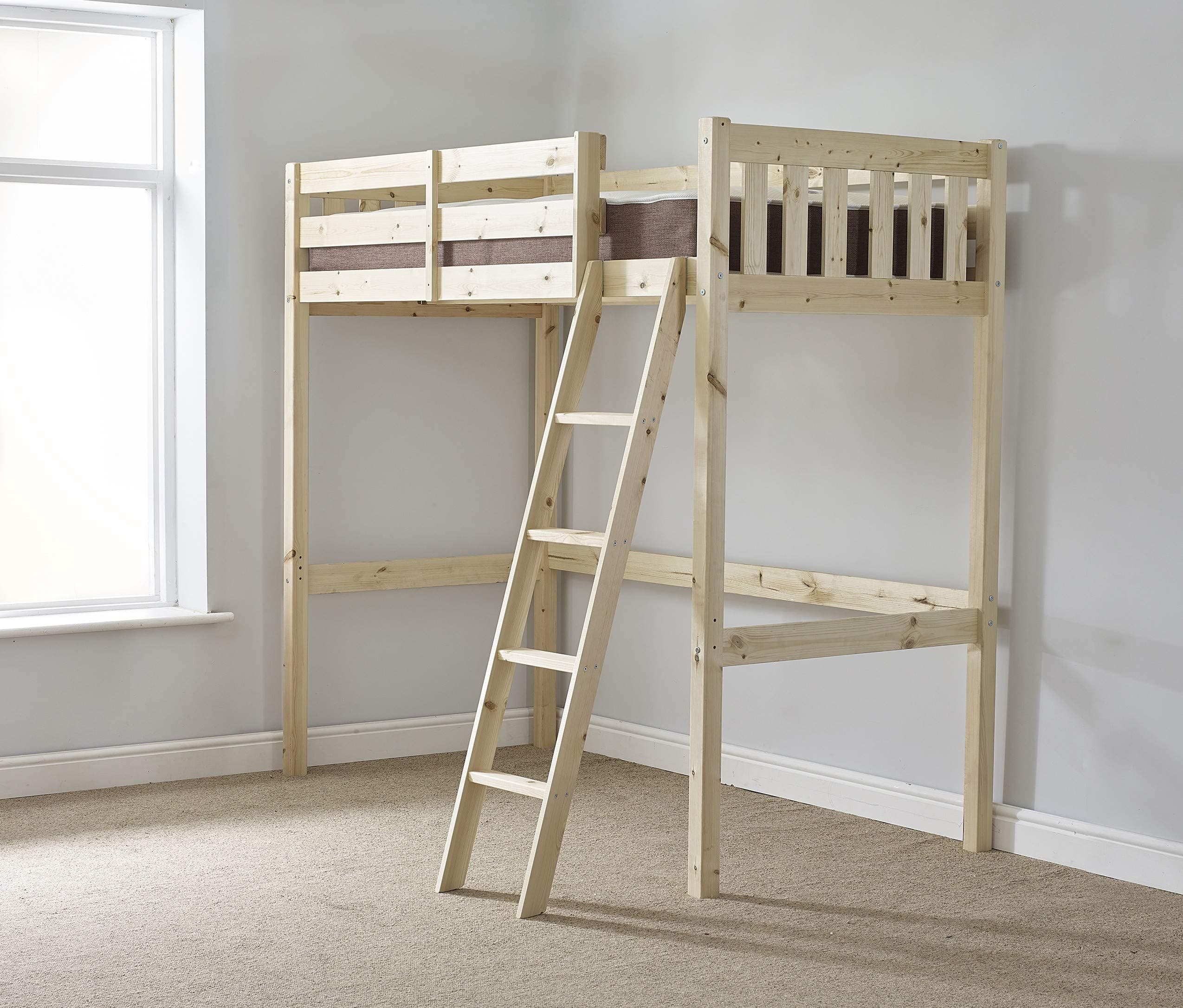 Loft Bunk Bed - 3ft single wooden high sleeper bunkbed - Ladder can go left or right - CAN BE USED BY ADULTS - Includes 15cm thick mattress