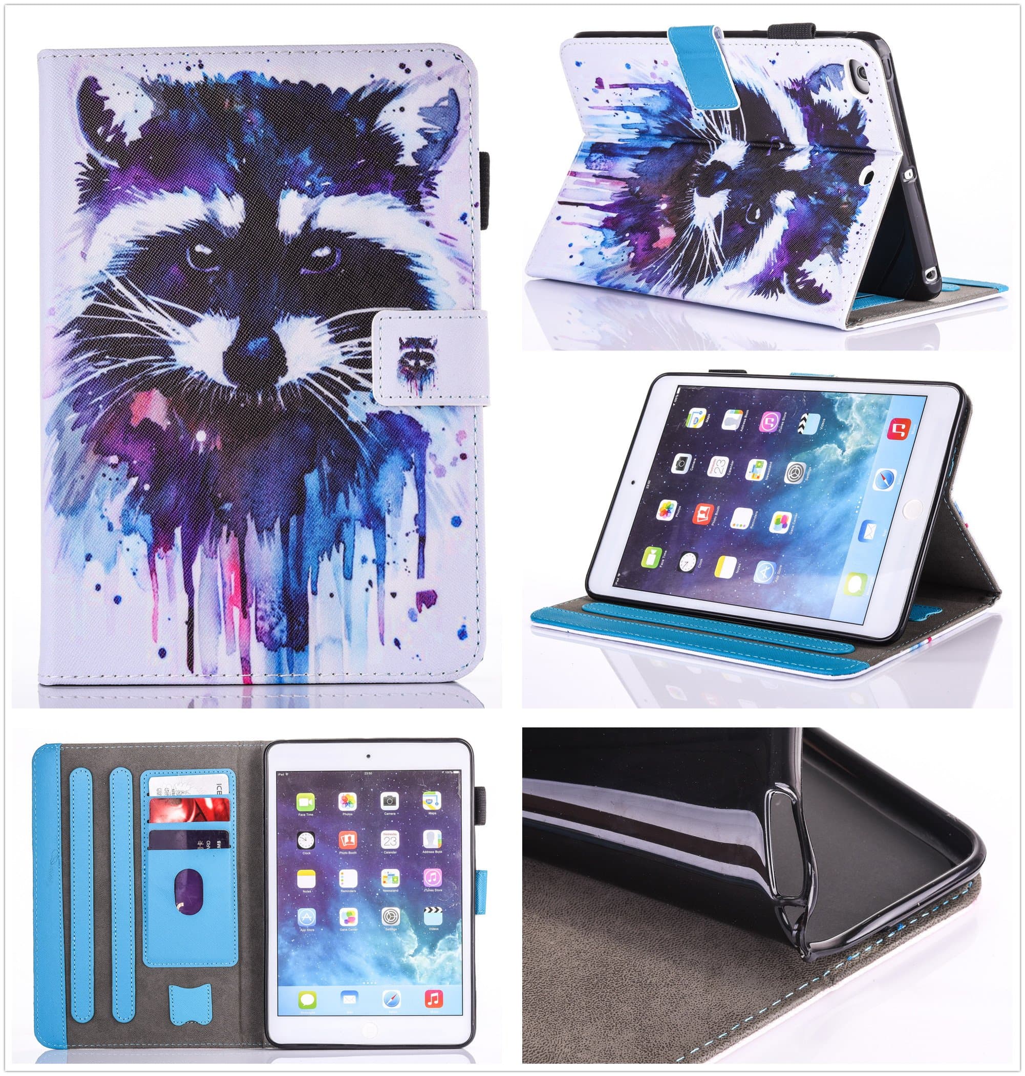 Qiaogle Tablet Case - PU Leather Stand Case Cover for Apple iPad Mini 1/2/3 (7.9 inch) - LY07 / Raccoon (Procyon lotor)