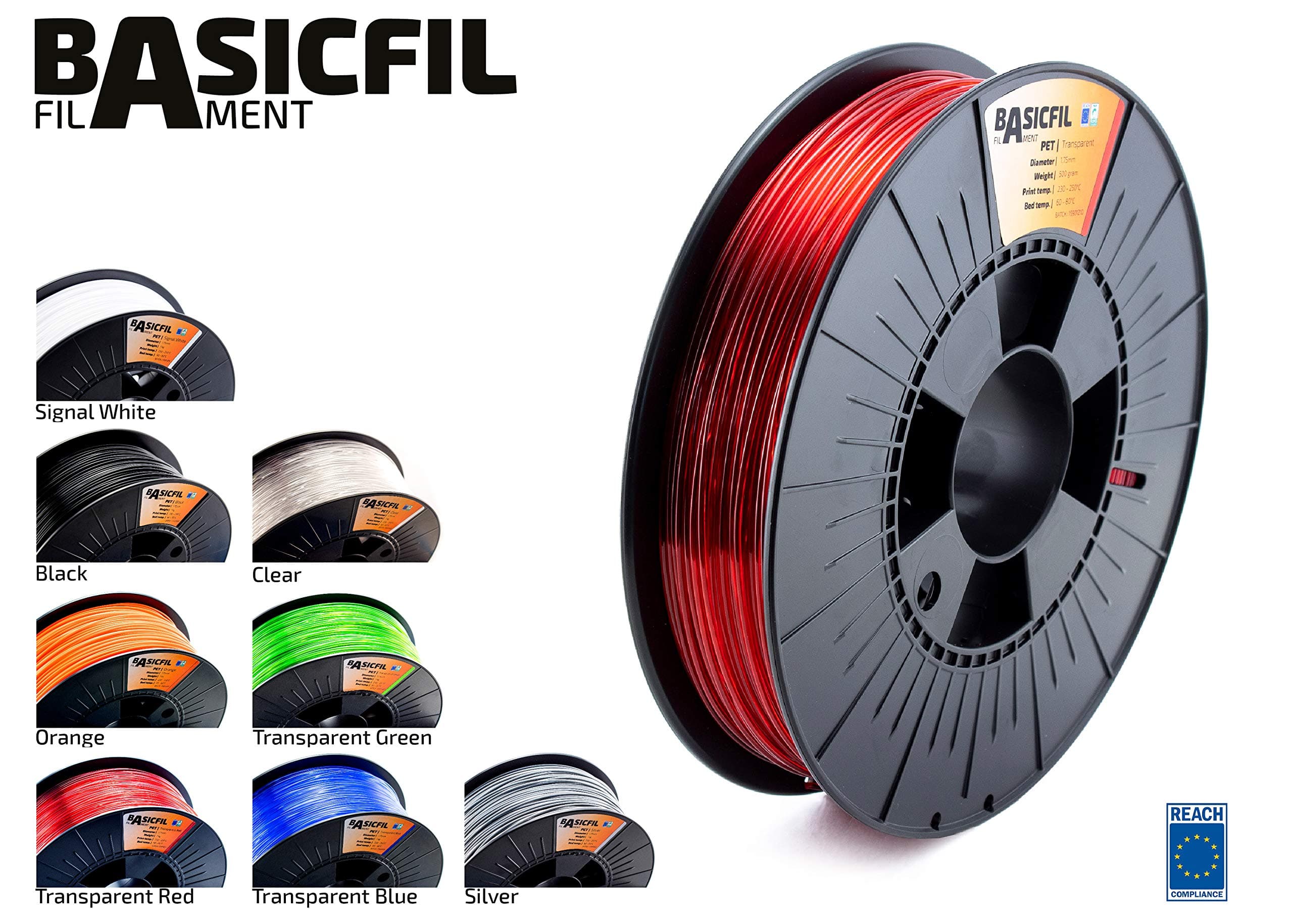BASICFIL PET 1.75mm, 500 gr, 3D printing filament , Transparent Red