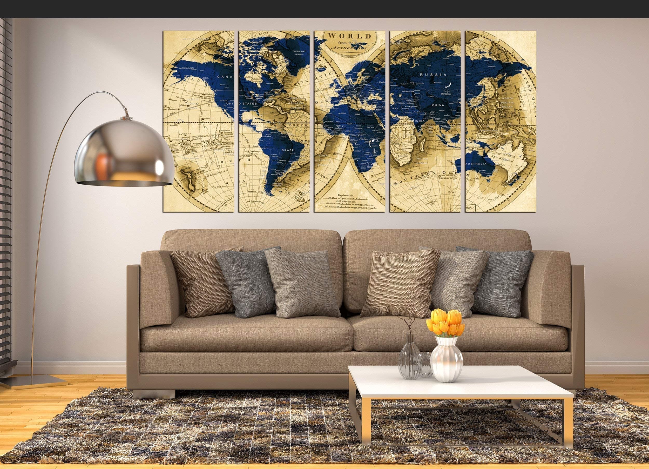 Extra Large Wall Art Navy Blue World Map Canvas Print, Push Pin World Map Wall Art Canvas Print multi panel 5 pieces for dining room wall decal, Large Abstract Art World Map With Details hr117