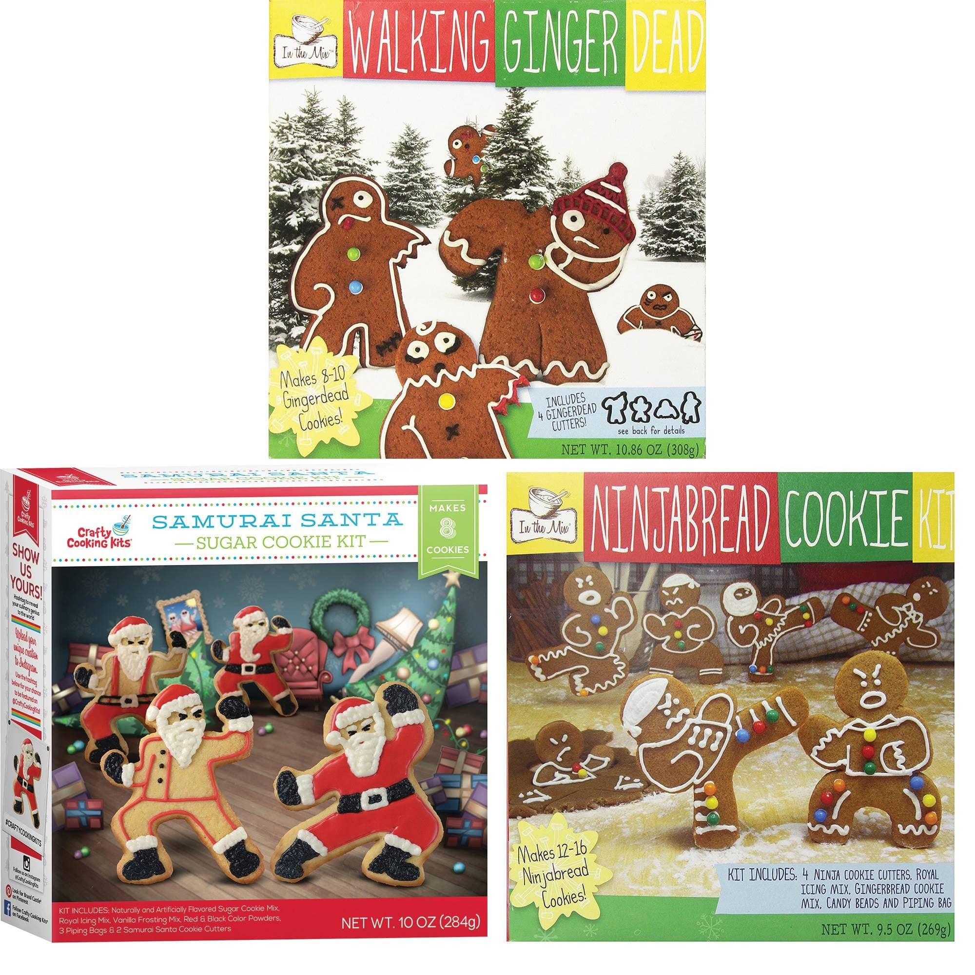 Walking Gingerdead, Ninjabread, and Samurai Santa Christmas Cookie Mix Kits with Cookie Cutters (3 pack)