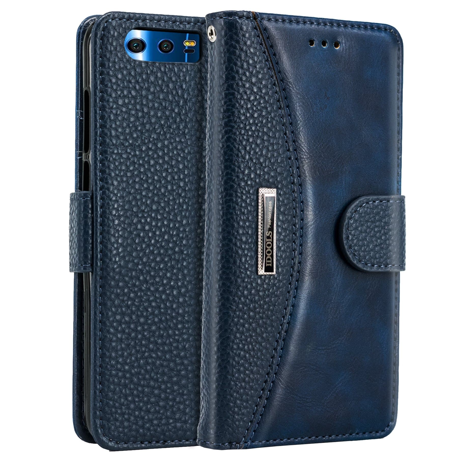 IDOOLS Mobile Phone Holster for Honor 9, Folding Flip Cases Protective Cover Strong Magnetic Closure Protector with Card Slots Kickstand (Blue, 5.15”)