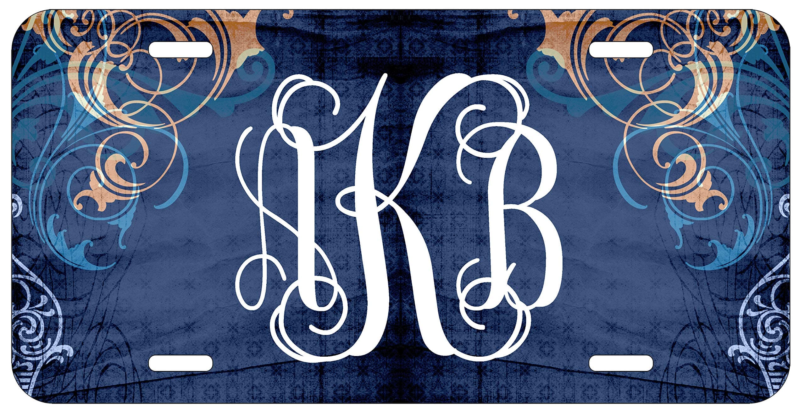 Top Craft Case Personalized Monogram License Plate - Blue Background Floral Elements Custom Initials Auto Car Tag