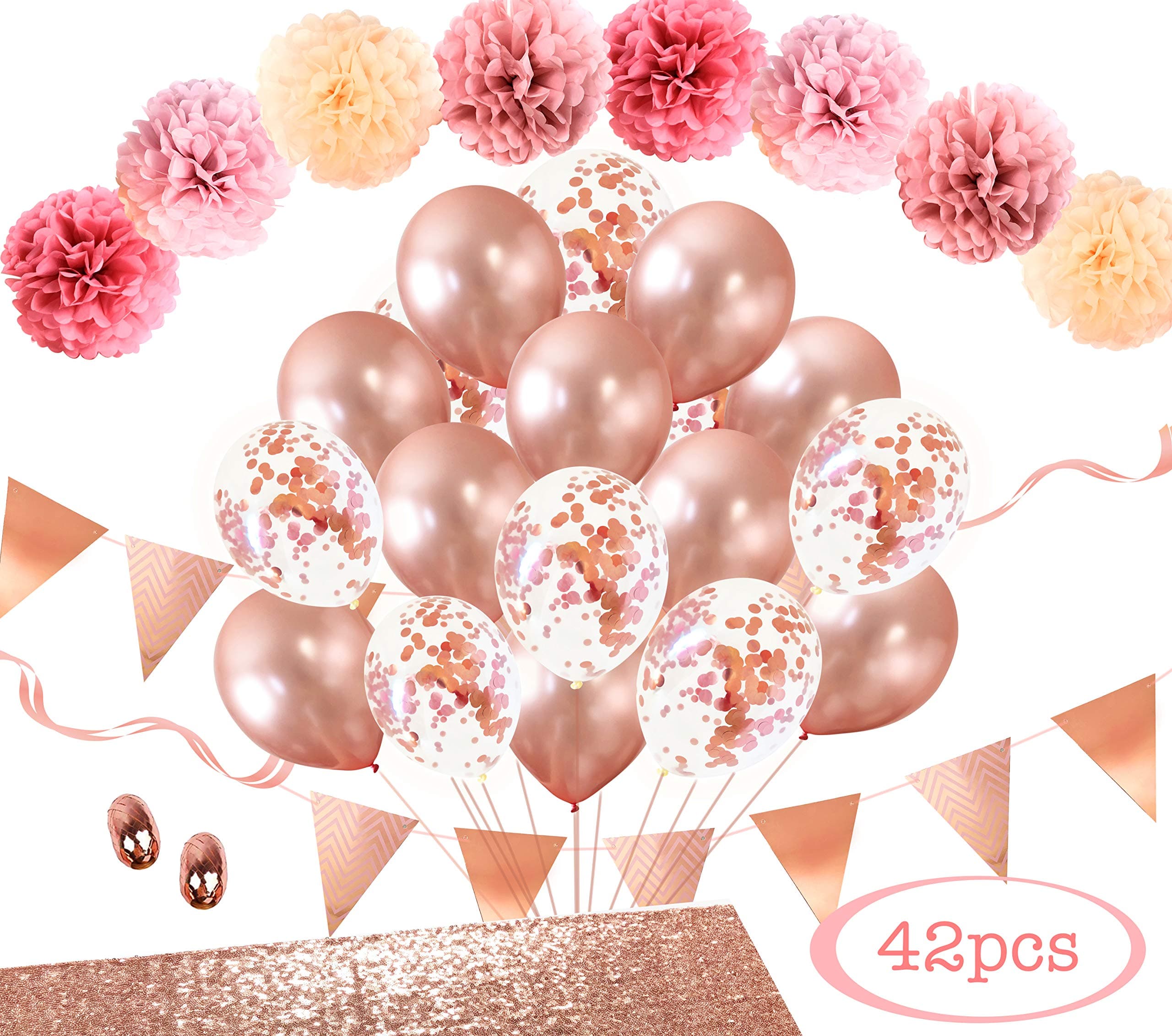 MintieJamie Rose Gold Party Decoration Bundle with Sequin Table Runner,Foil Confetti Balloon,Latex Balloon and Triangle Flags Bunting, Rose Gold Decor for Wedding, Showers, Events, Birthday
