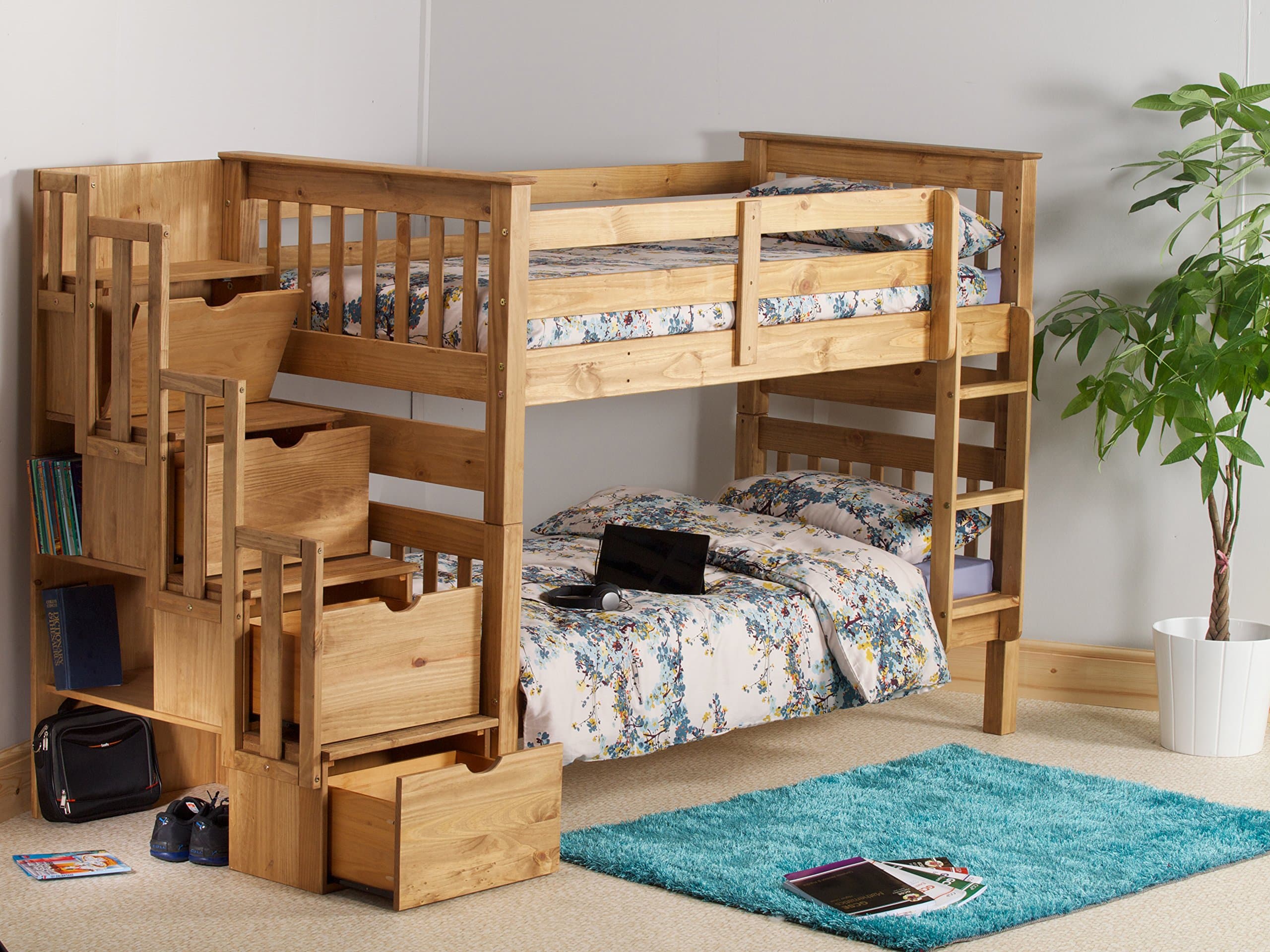 MISSION STAIRCASE STORAGE SINGLE BUNK BED IN WAXED PINE