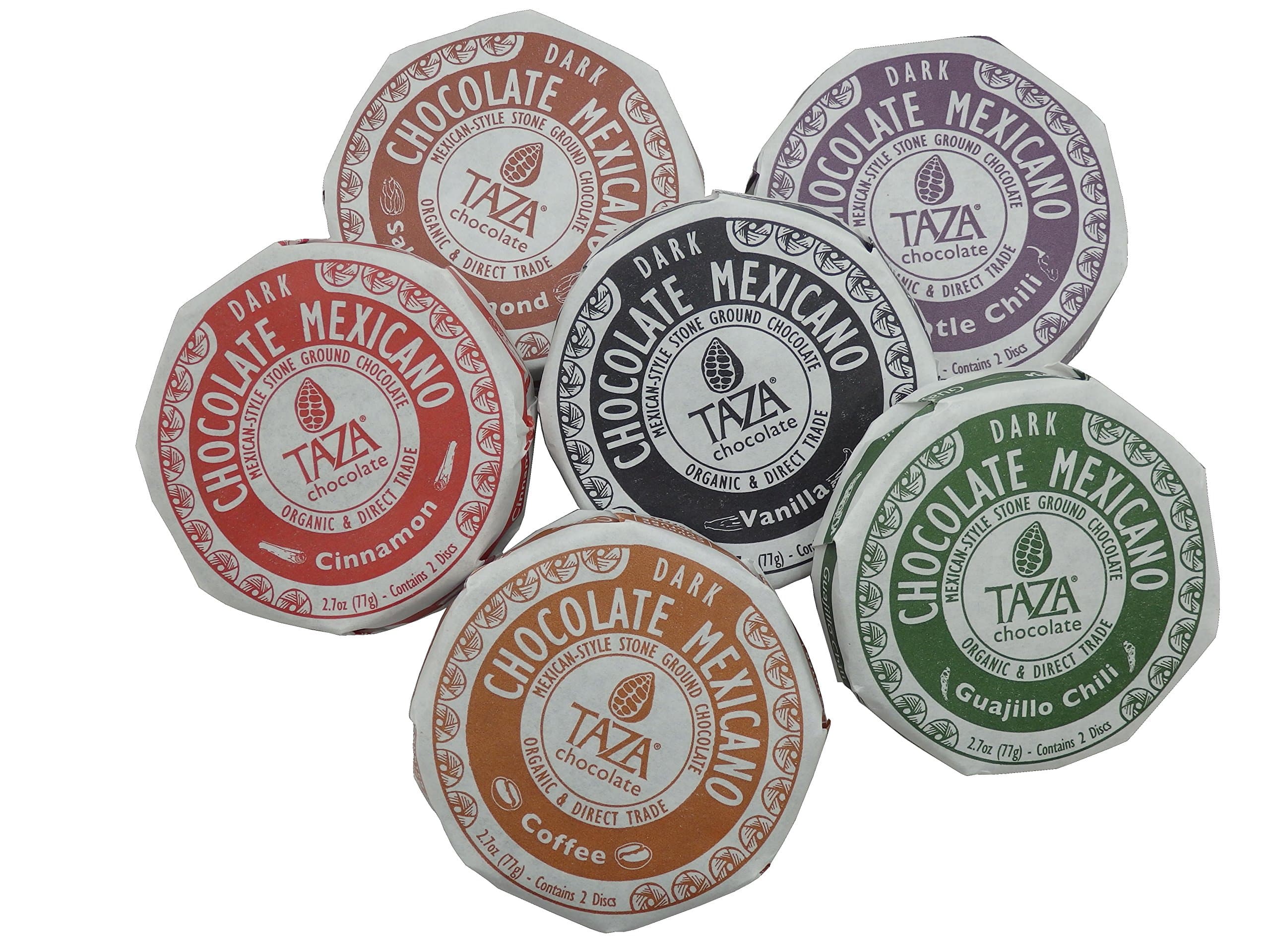 6 Taza Chocolate Mexicano Discs Variety Pack Gift Pack Salted Almond, Coffee, Cinnamon, Vanilla, Chipotle and Guajillo Chili Dark Chocolate Discs - Made in Boston