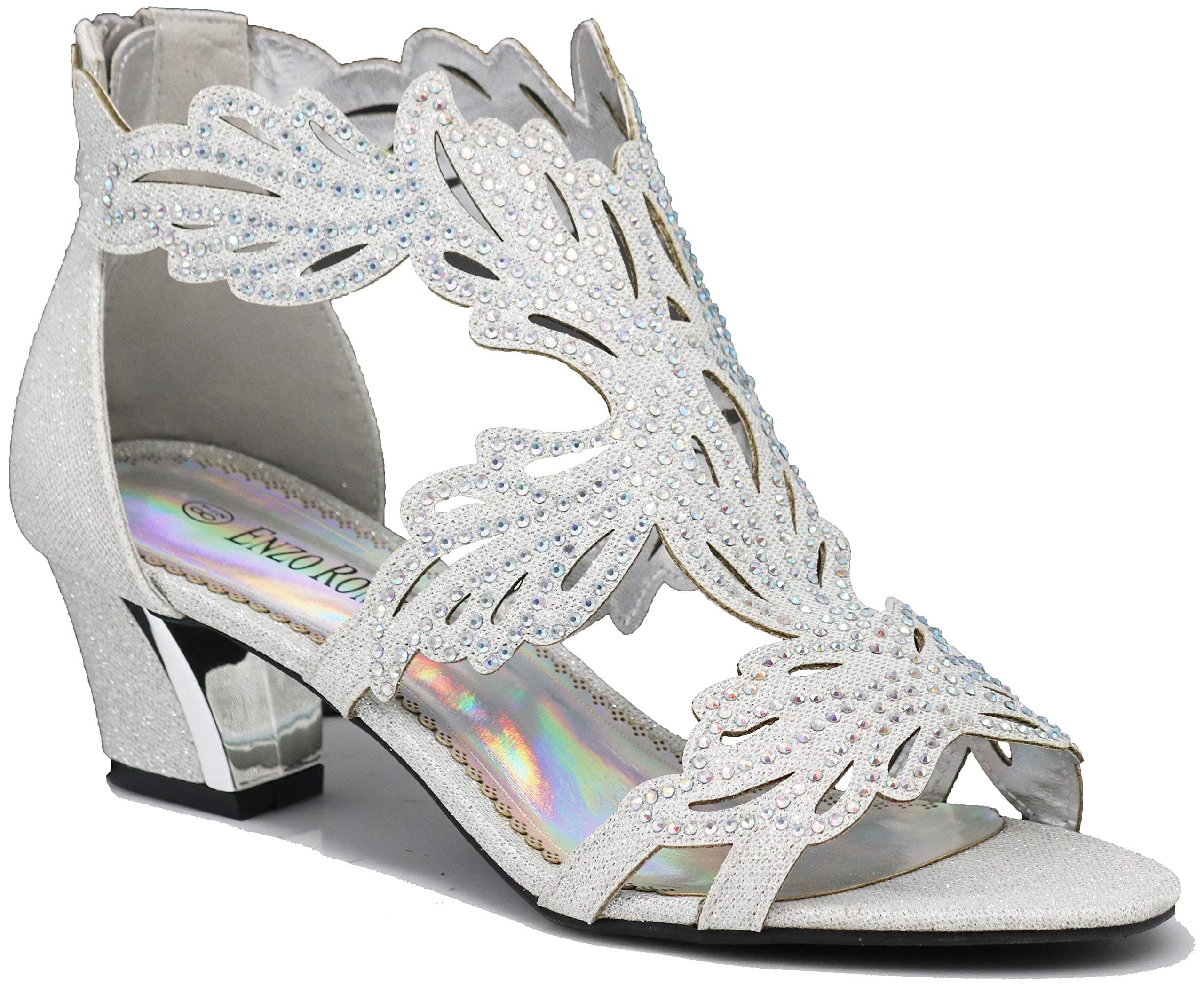 Enzo Lime03N Womens Open Toe Mid Heel Wedding Rhinestone Gladiator Sandal Wedge Shoes (8, Silver)
