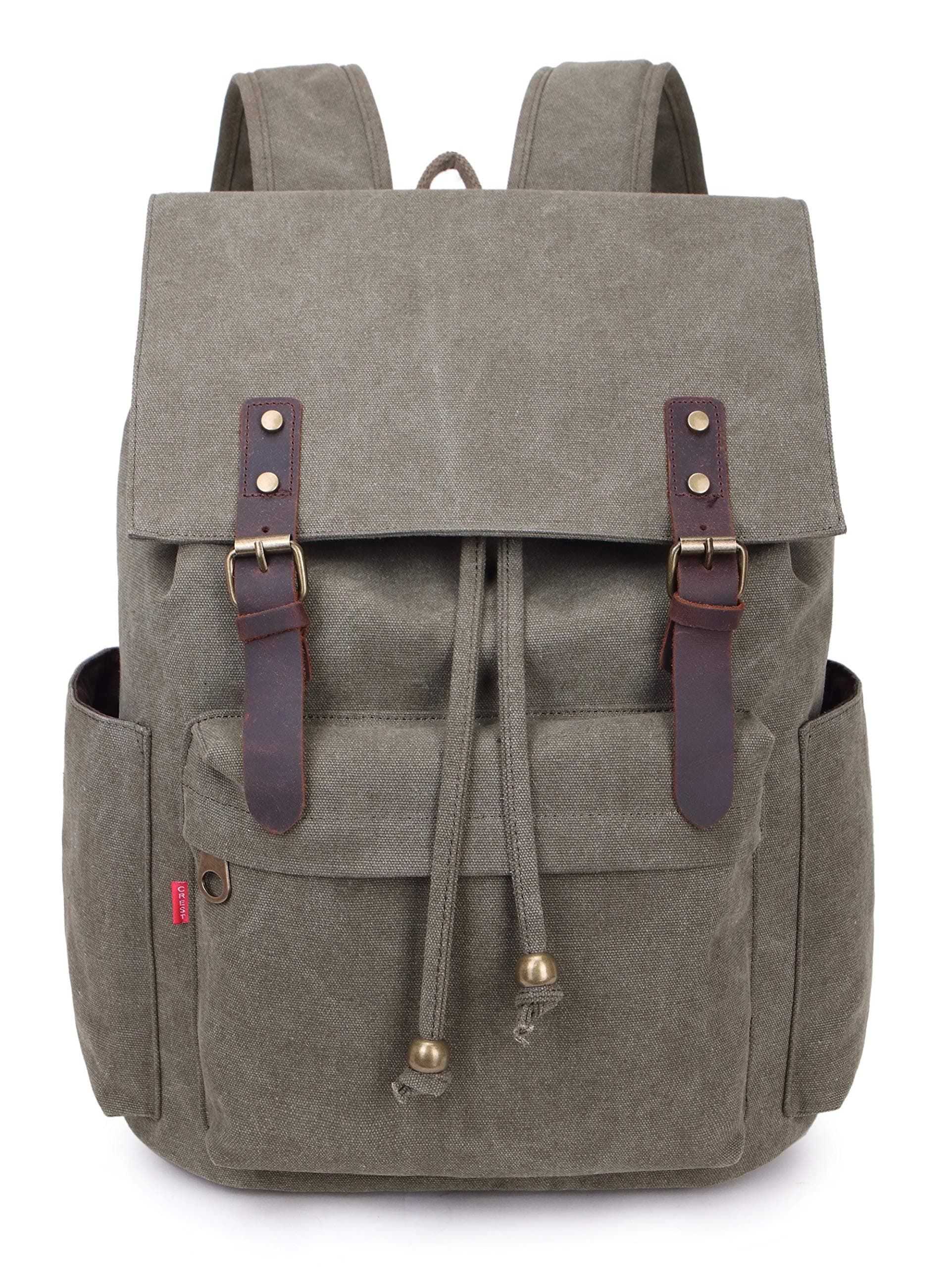 Crest Design Vintage Canvas 16 inch Laptop Backpack School Bag Hiking Travel Rucksack 25L (Army Green)