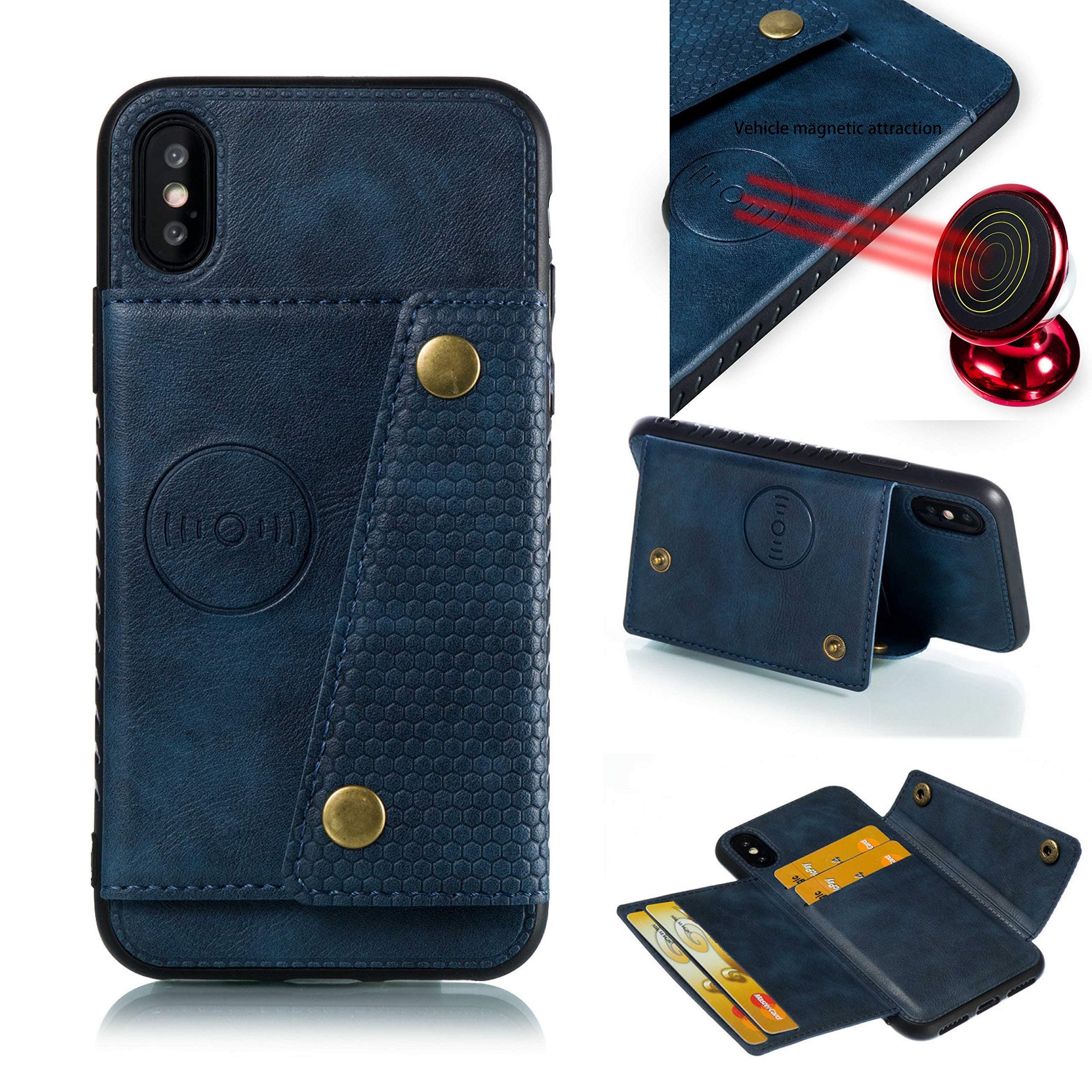 iPhone XS MAX with Card Holder and Magnetic car Back and Kick Stand Full Body Armor Apple iPhone 2018: - (Blue, 6.5 inches)