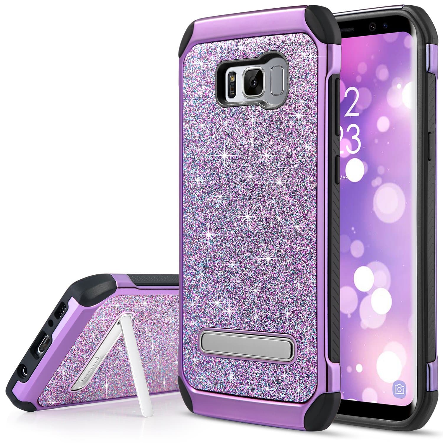 UARMOR Case for Galaxy S8, Luxury Glitter Bling Shockproof Rugged Hybrid Kickstand Slim Sparkly Shiny Faux Leather Chrome Hard Phone Case Cover for Samsung Galaxy S8 5.8 Inch, Purple