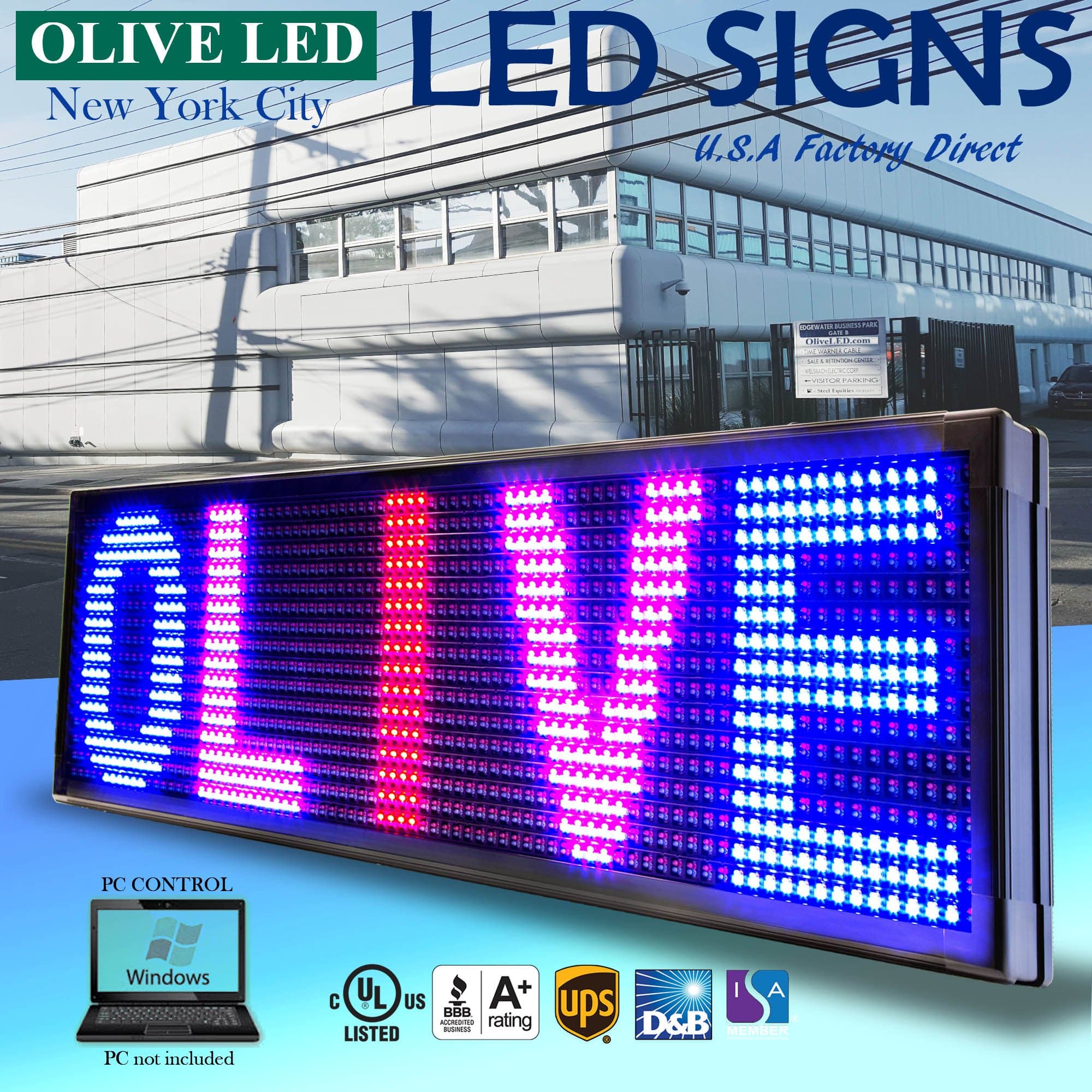 OLIVE LED Sign 3Color, RBP, P30, 22"x79" PC Programmable Scrolling Outdoor Message Display Signs EMC - Industrial Grade Business Ad Machine.