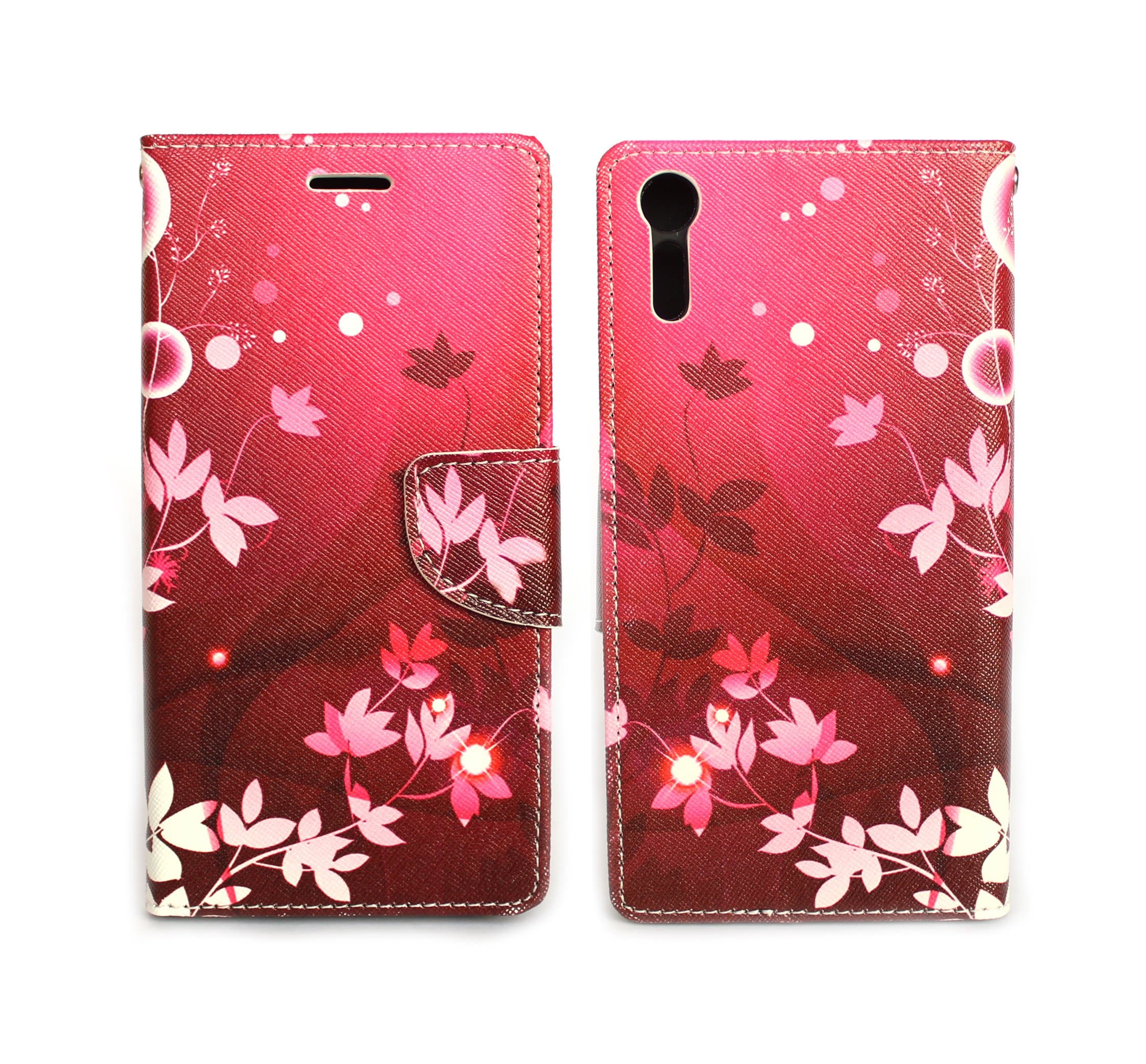 Sharp Icon Fancy Printed Designer Leather Flip Wallet Back Cover Case for Sony Xperia XZS - Red Flower