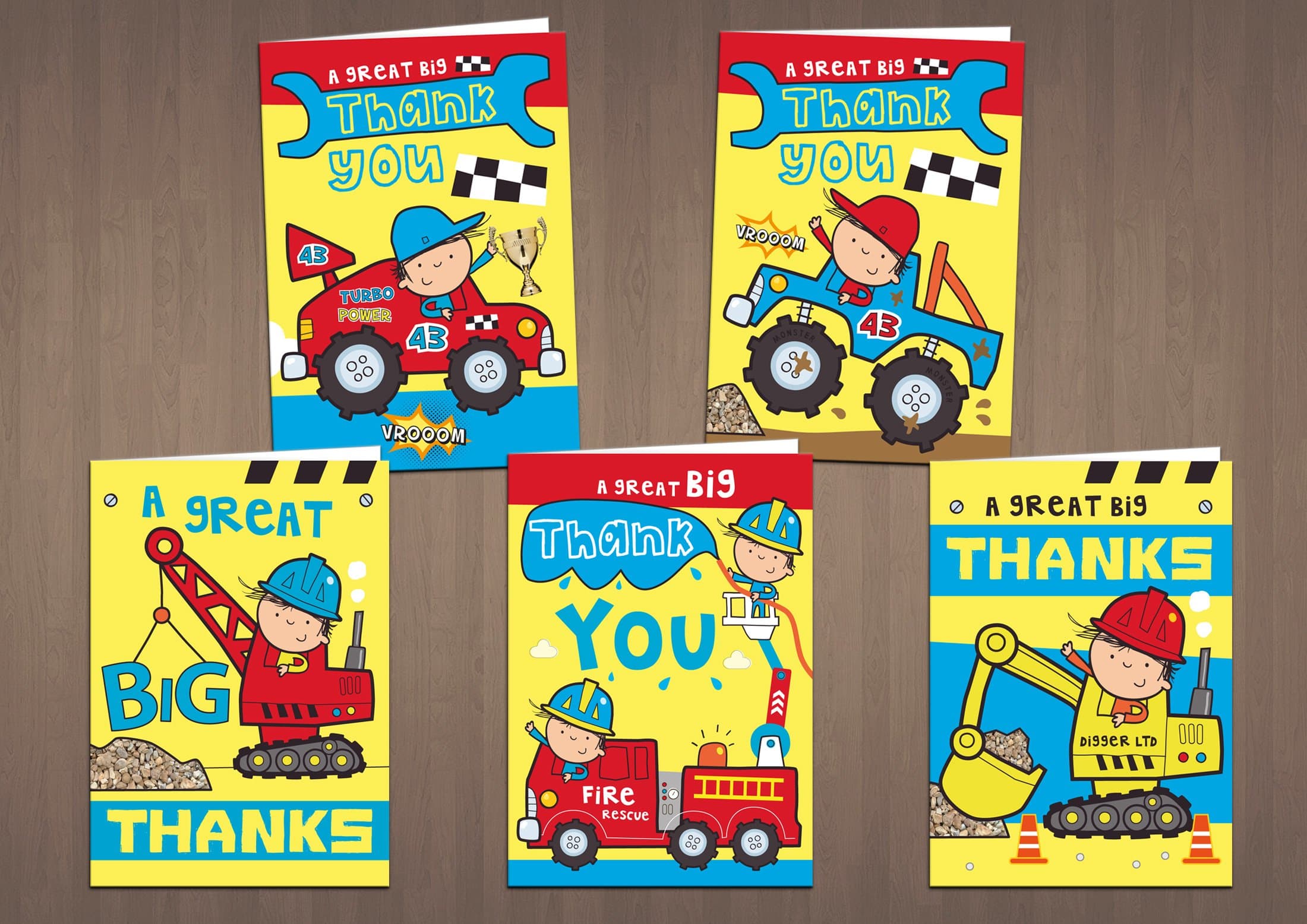 20 Mixed Boys Children's Thank You Cards - Digger, Fire Engine, Crane Driver, Racing Driver, Monster Truck