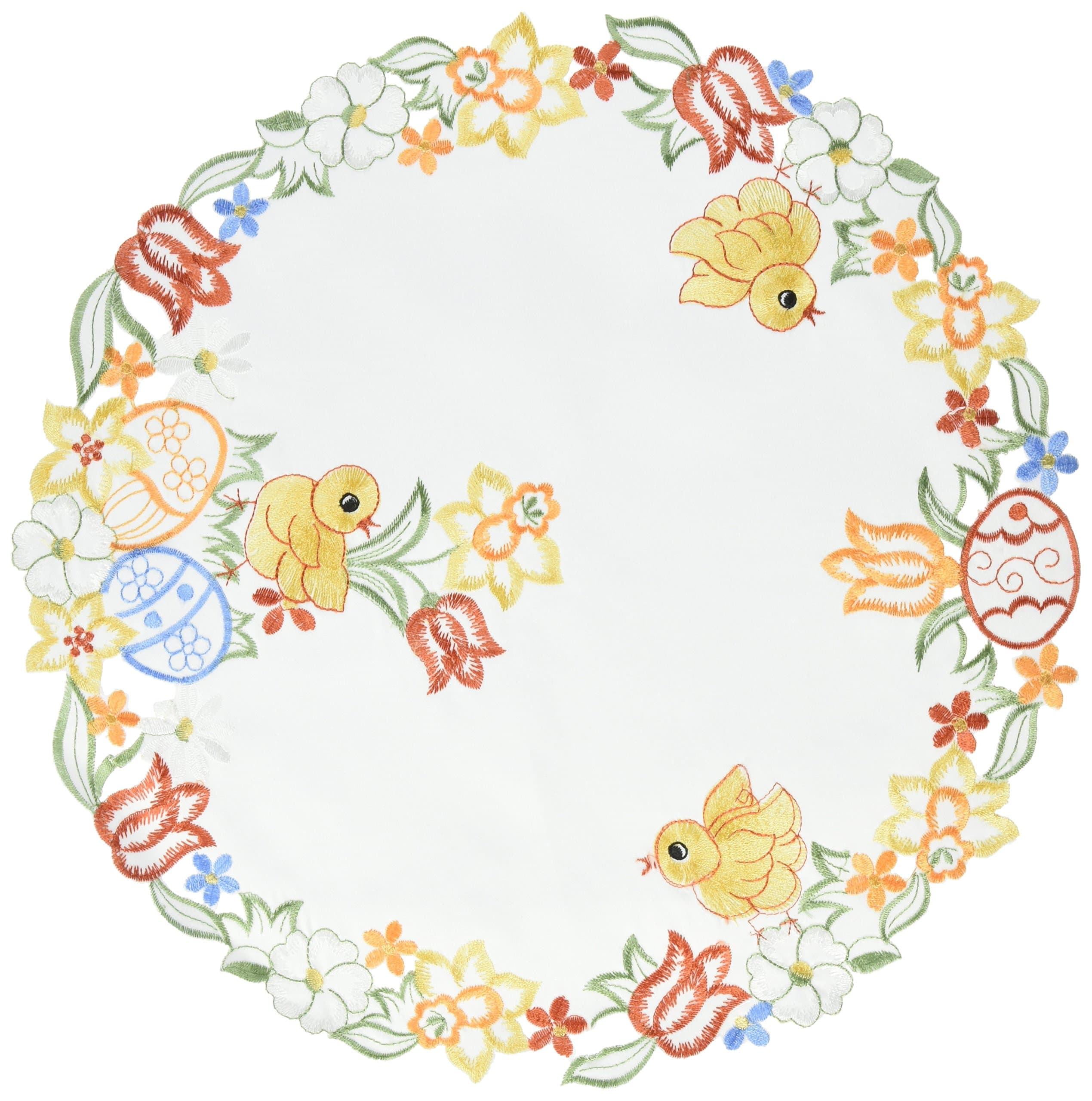 Xia Home Fashions Spring Chicks Embroidered Cutwork Round Easter Placemats, 16-Inch, Set of 4
