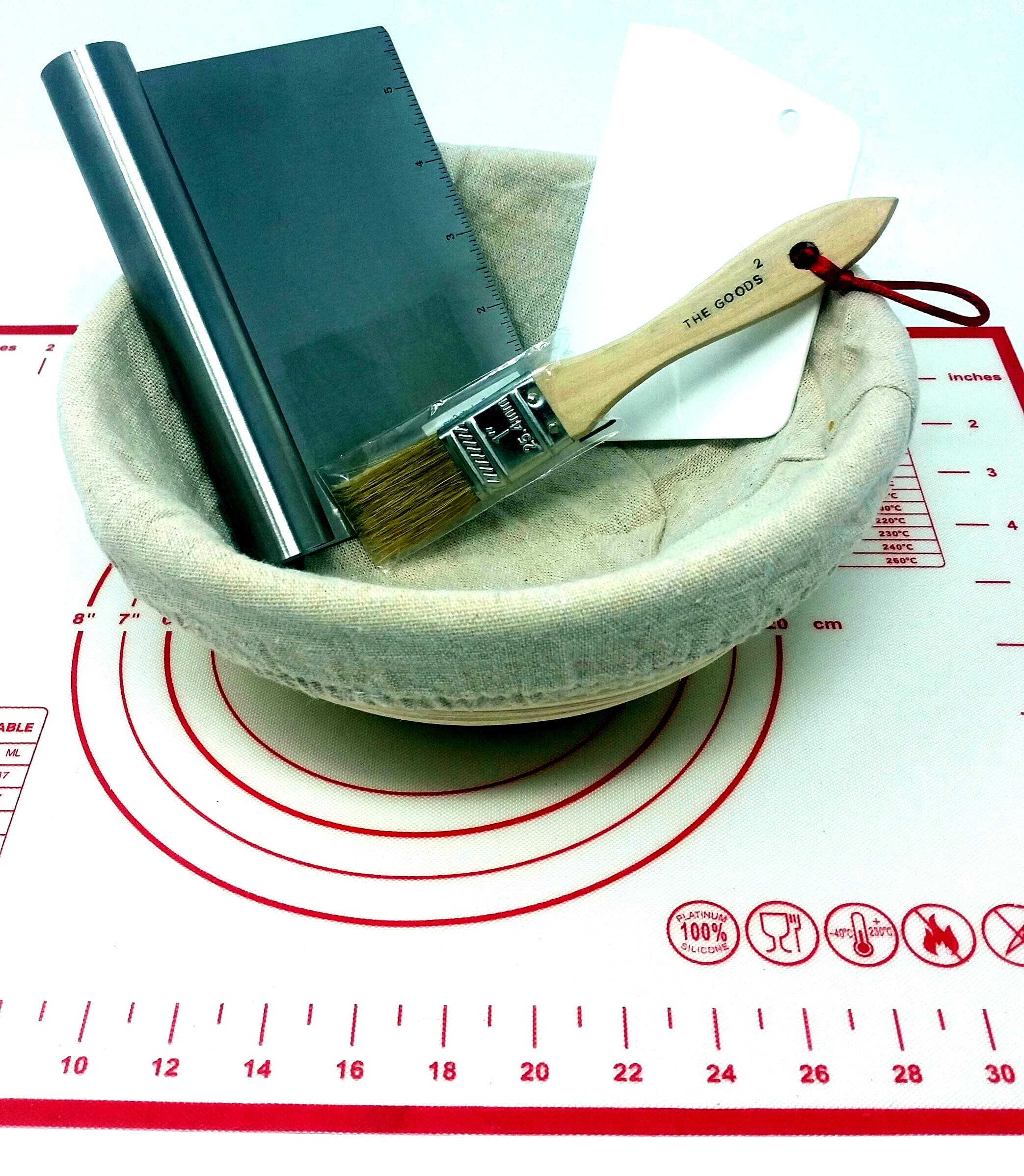 Artisan Bread for the Beginner | Natural Banneton Proofing Basket | Chopper/Scraper, Linen Basket Liner | Cleaning Brush | Platinum Silicon Baking Mat with Measurement Table & Temp Conversion Chart