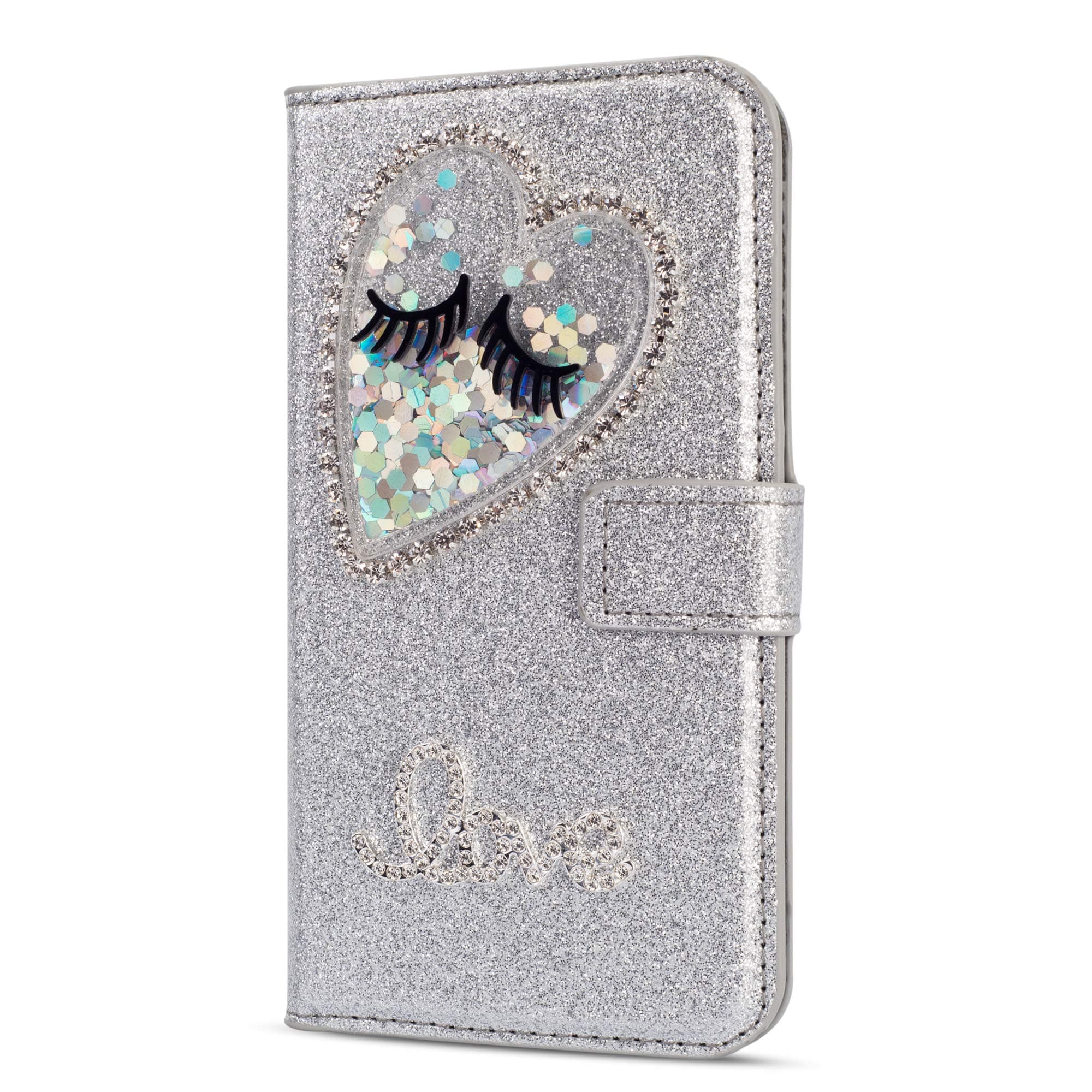 YKTO Trendy Gift Phone Cases for iPhone 7, iPhone 8 4.7" Cute Pretty Fashion Eyelashes Shiny Heart Floating Liquid Covers Silver PU Leather Glitter Bling Diamond Flip Wallet Stand Protective Shell