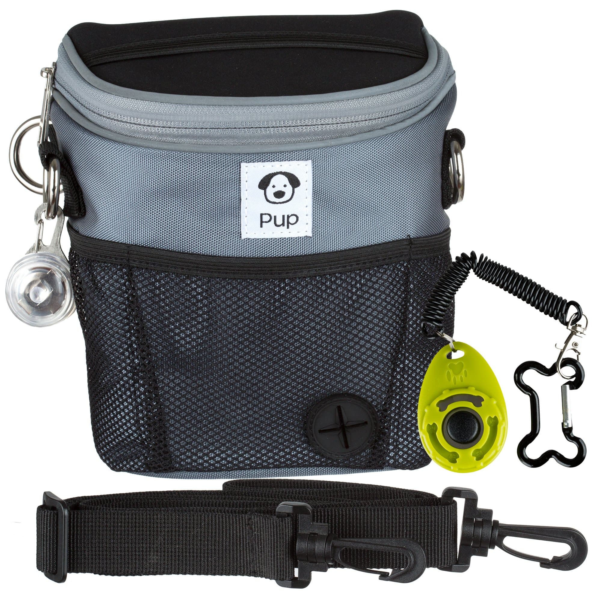 Large Reflective Dog Walking Training Treat Bag w/ Clicker Trainer and Safety Collar Light for Night Dog Walks - Built-in Poop Bag Dispenser - Carries Phone, Balls for Dogs, Treats - 3 Ways To Wear