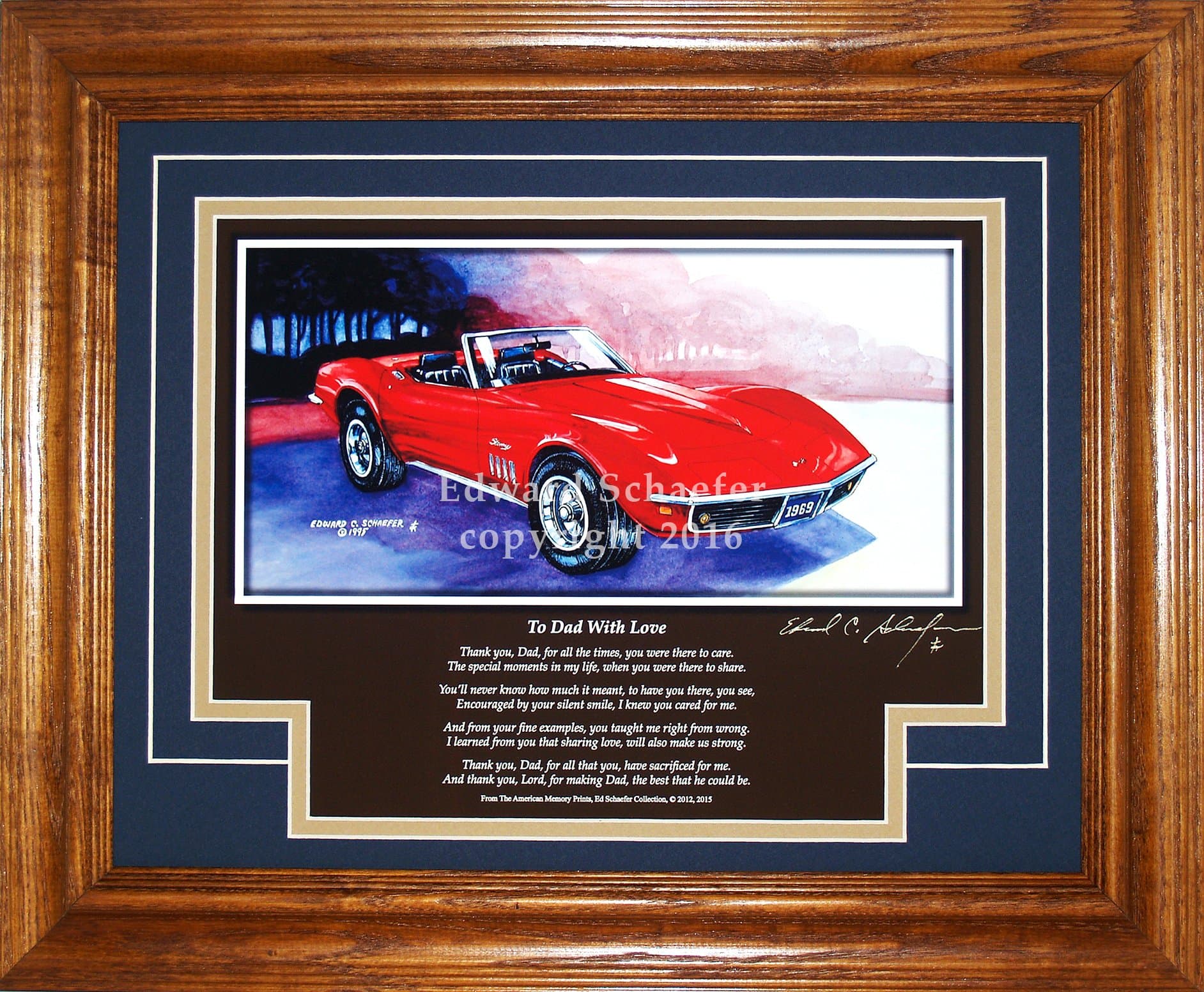 American Memory Prints Art by Ed Schaefer 1969 Corvette Stingray Convertible with Poem (to Dad with Love) Art Gift for Dad