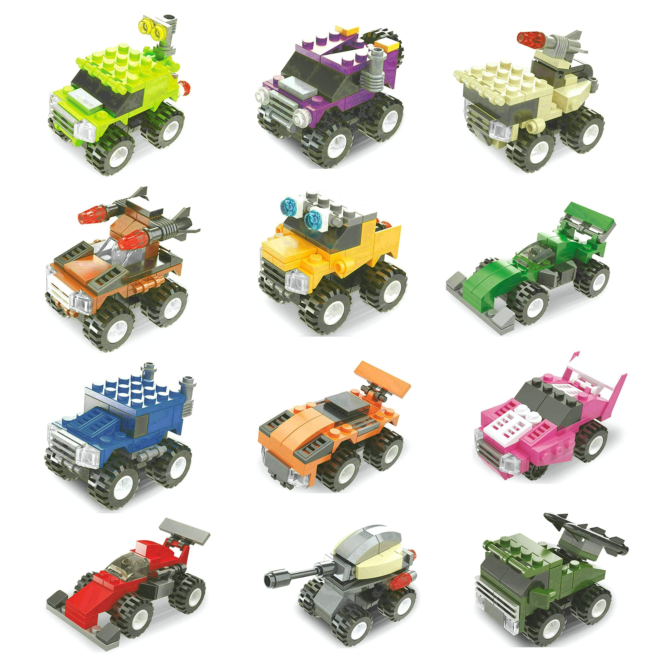 Buildable Pull Back Vehicles Mini Building Blocks Sets, Building Toy for Party Supplies,Birthday Favors, Kids Prizes, Goodie Bags, 12 Boxes.