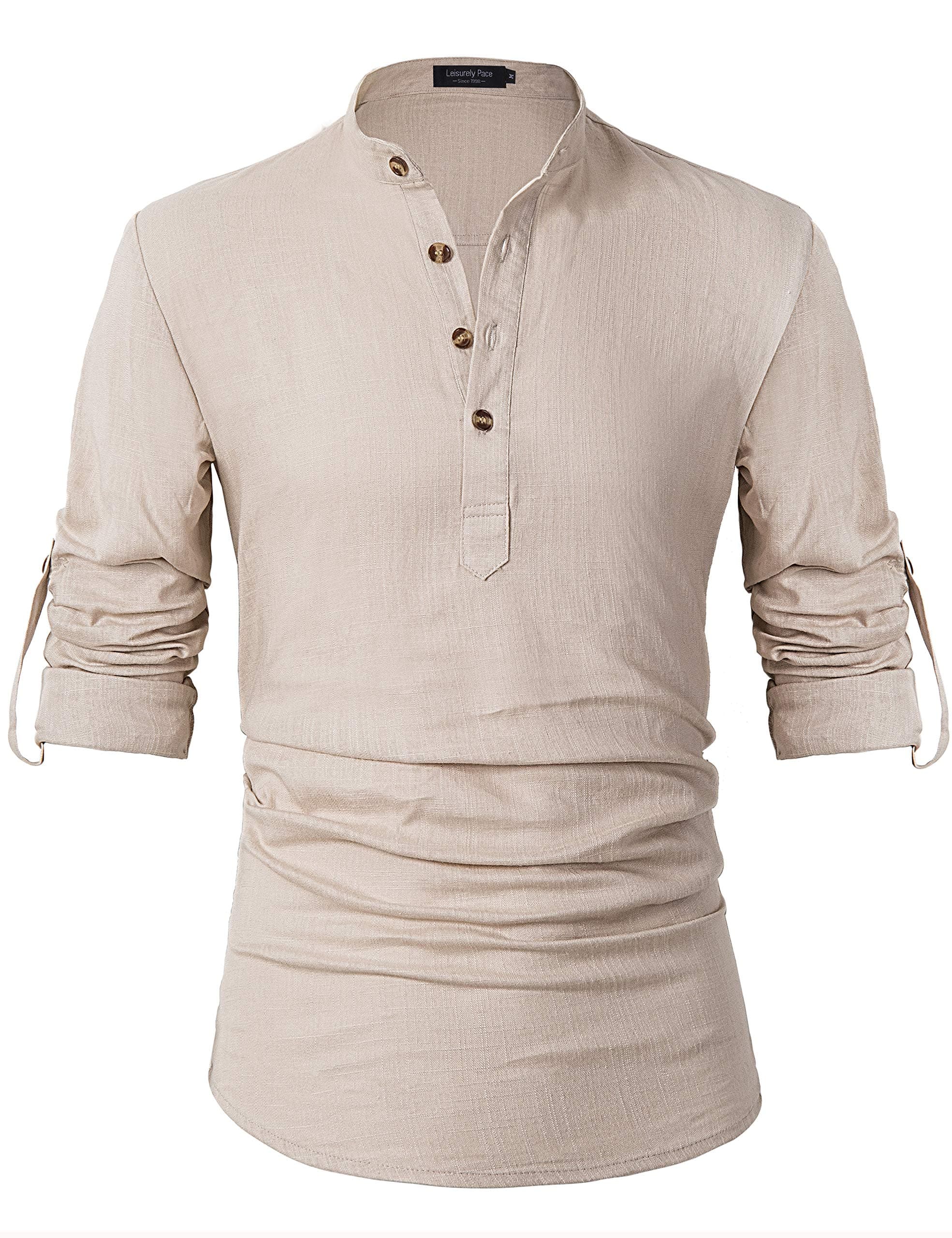 Men Henley Neck Roll Up Solid Long Sleeve Linen Band Collar Shirts