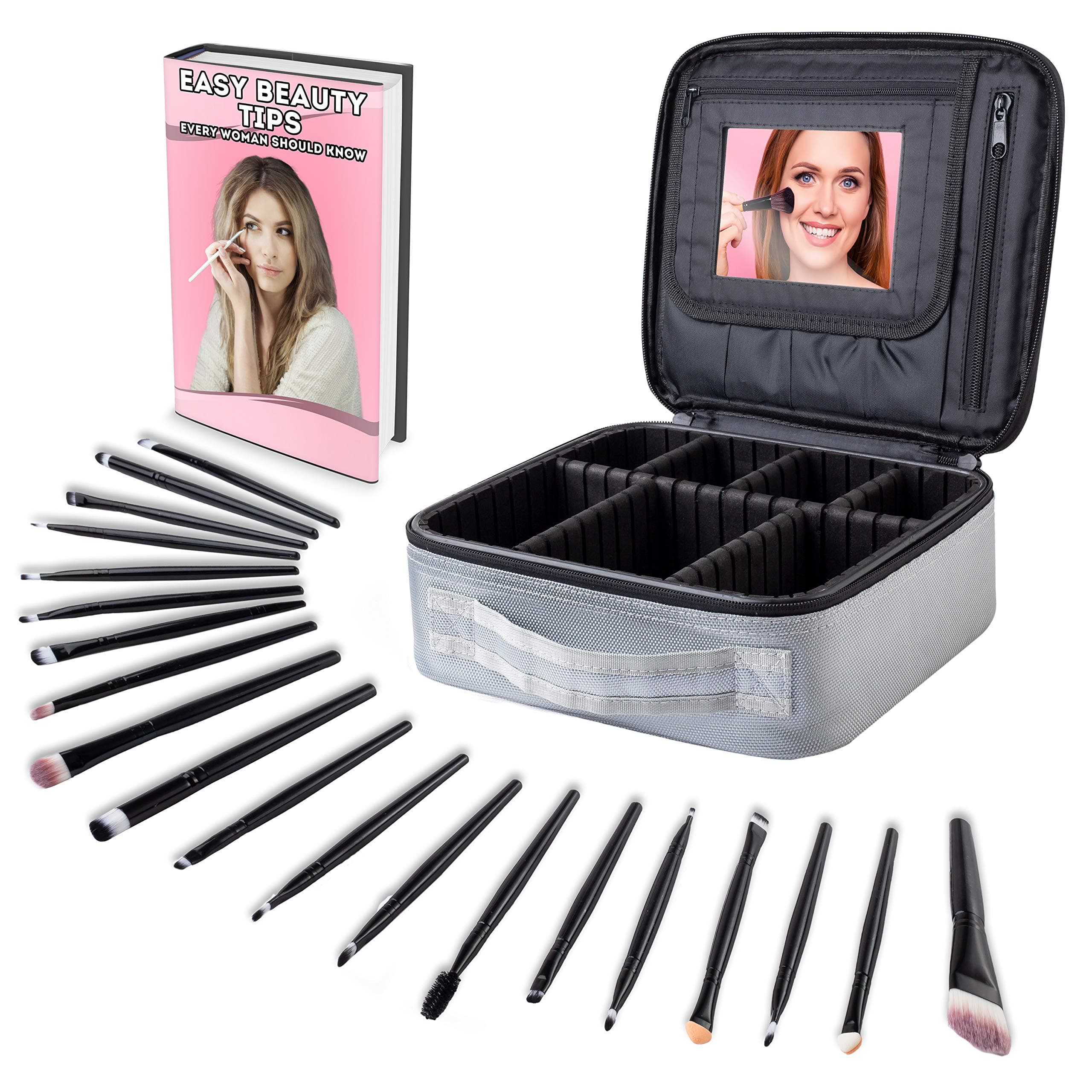 Makeup Bag Organizer with Mirror + Makeup Brush Set – Professional Makeup Train Case with Adjustable Dividers, Brush Holders – Portable Travel Makeup Case + 20 Makeup Brushes by Camoone, Silver