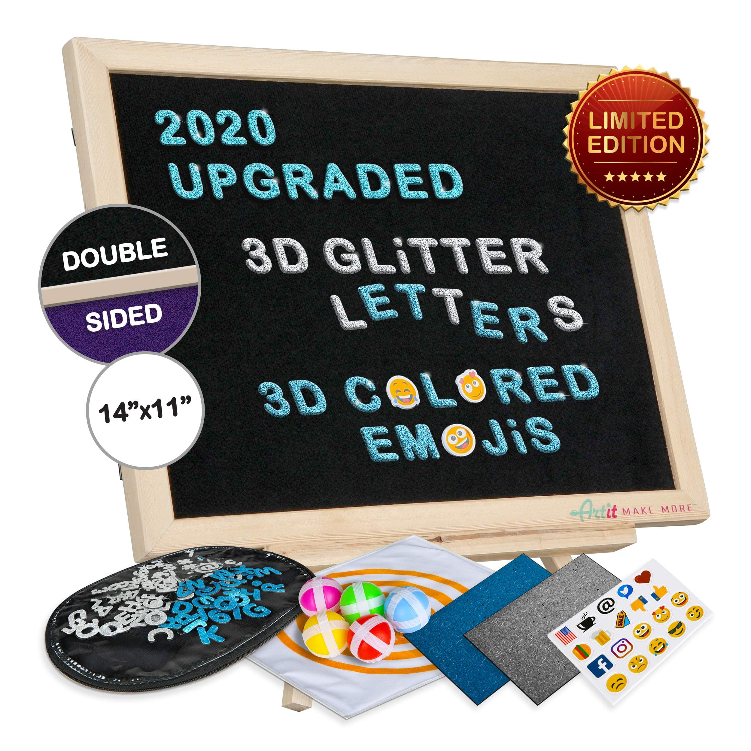 2020 Upgraded Felt Letter Board Set 11x14' Double Sided Black Purple Changeable Message Sign Board with 3D Glitter Characters, Colored Emojis, Removal Dartboard Game, Wooden Frame, Stand and Gift Box