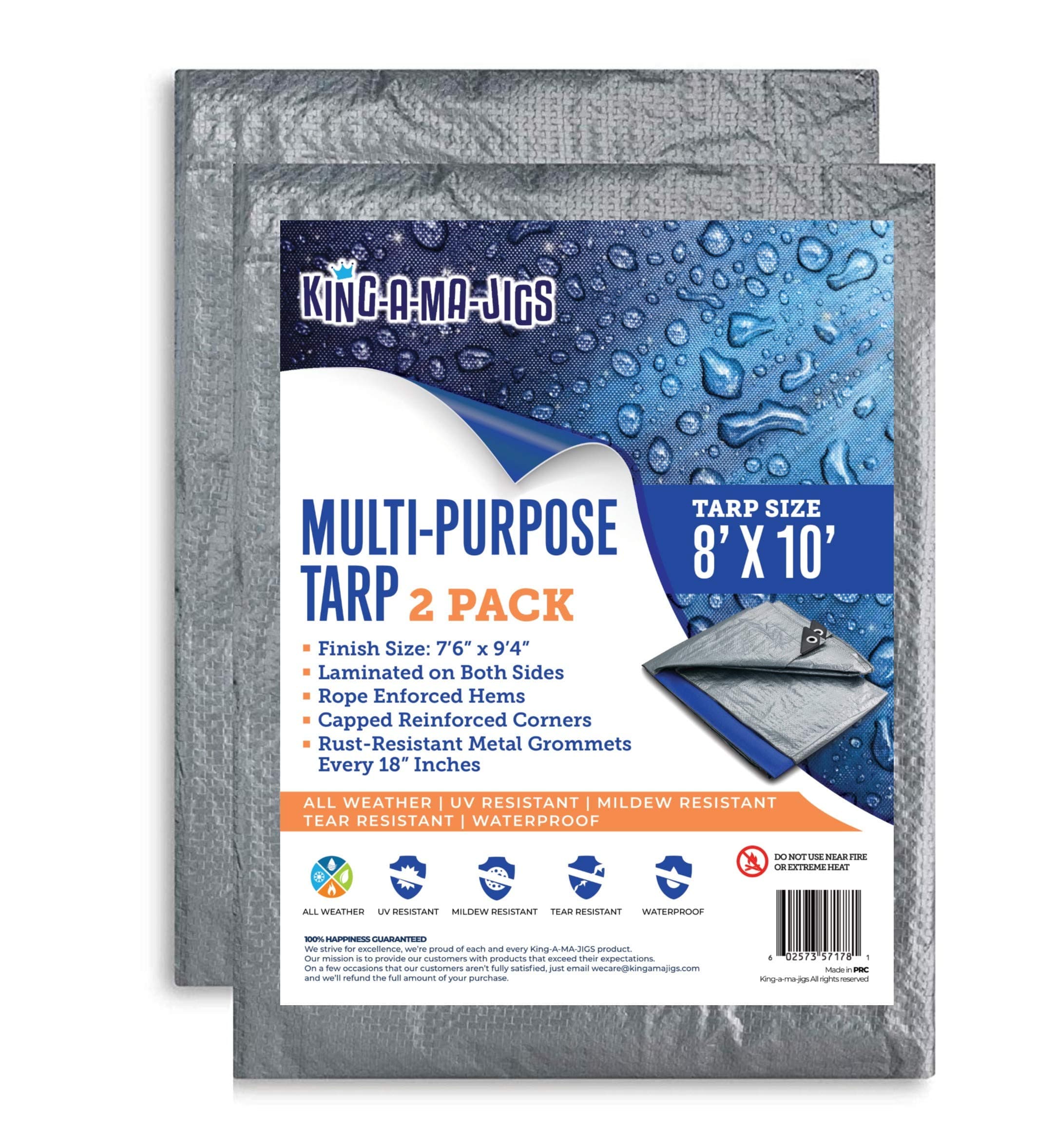 (2 Pack) 8x10 Tarps, Waterproof Plastic Poly 5.5 Mil Thick Tarpaulin with Metal Grommets Every 18 inches - Emergency Rain Shelter, Outdoor Cover and Camping Use - (Reversible, Blue and Silver)