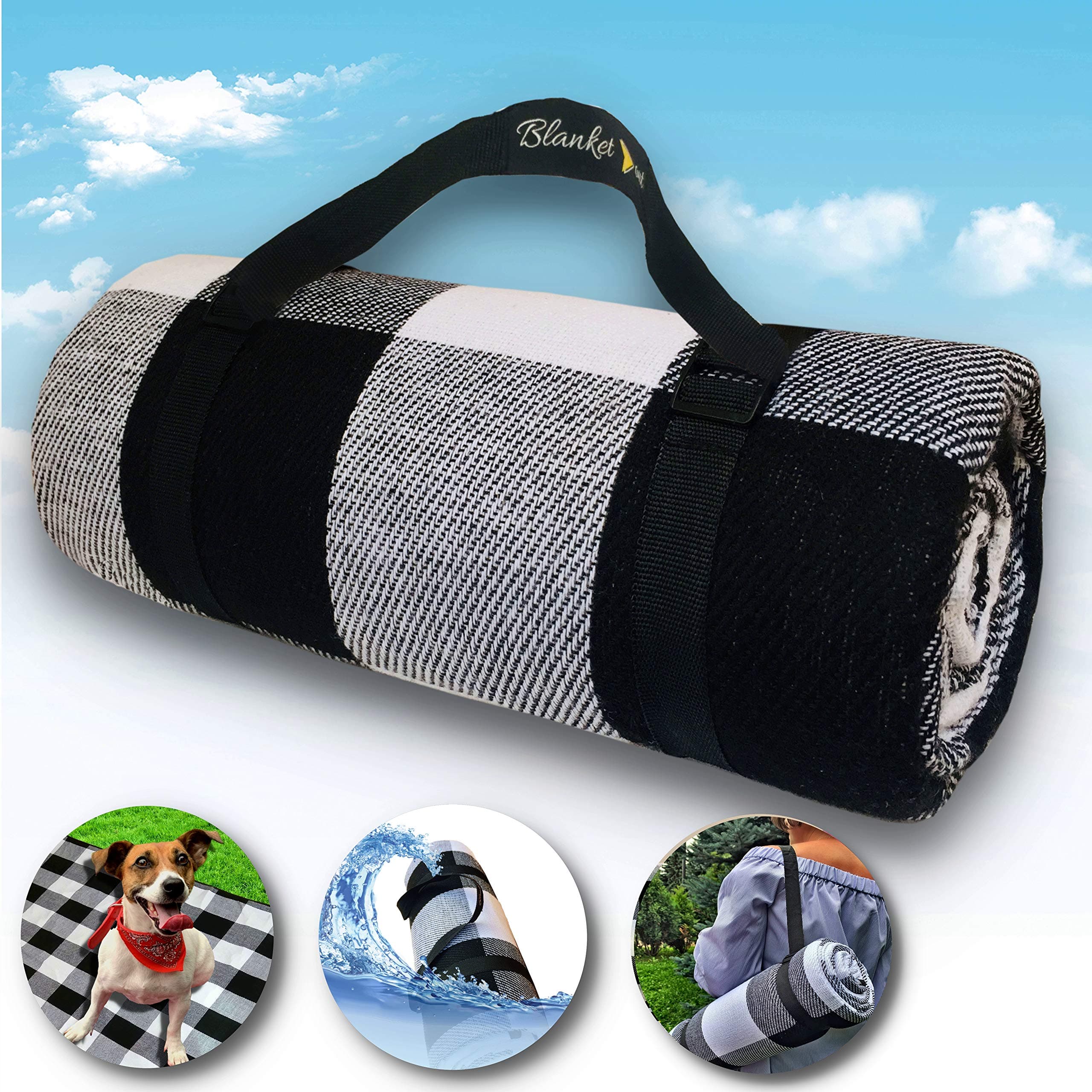 Waterproof Picnic Blanket - Portable with Carry Strap, Use as Beach Mat or Family Size Beach Blanket for Sand Cover, Outdoor Blanket and Indoor Couch Throw for Warmth and Prevent Pet and Kid Stains