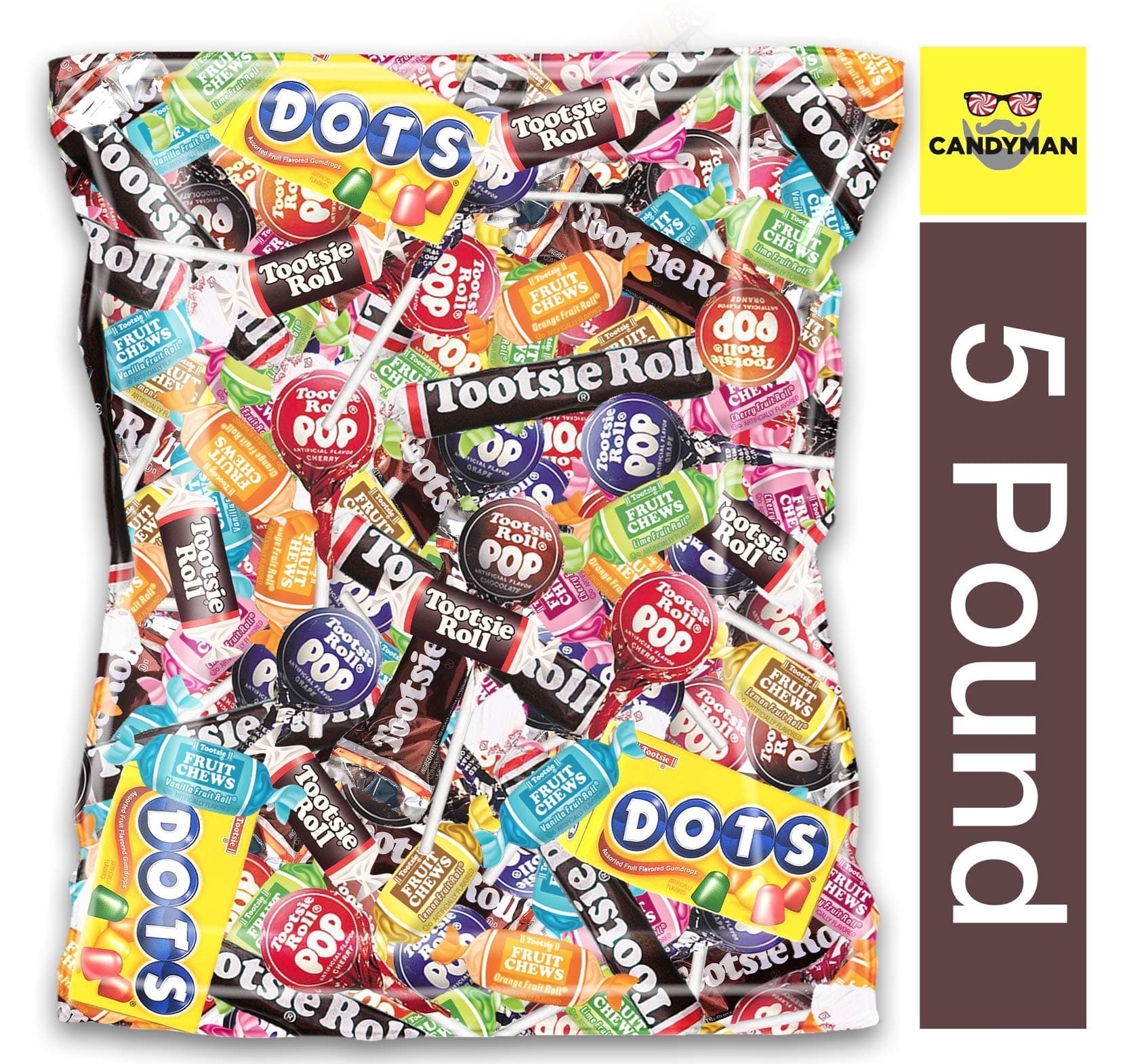 CANDYMAN Tootsie Roll (5 LB) Bulk Candy Assortment with DOTS and Fruit Chews