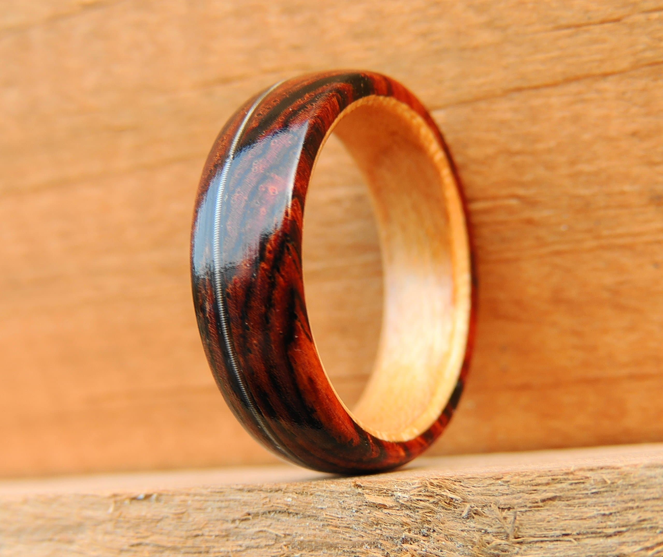 Cocobolo and Cherry Wood Ring with Guitar String Inlay, Hybrid Bentwood Wedding Band