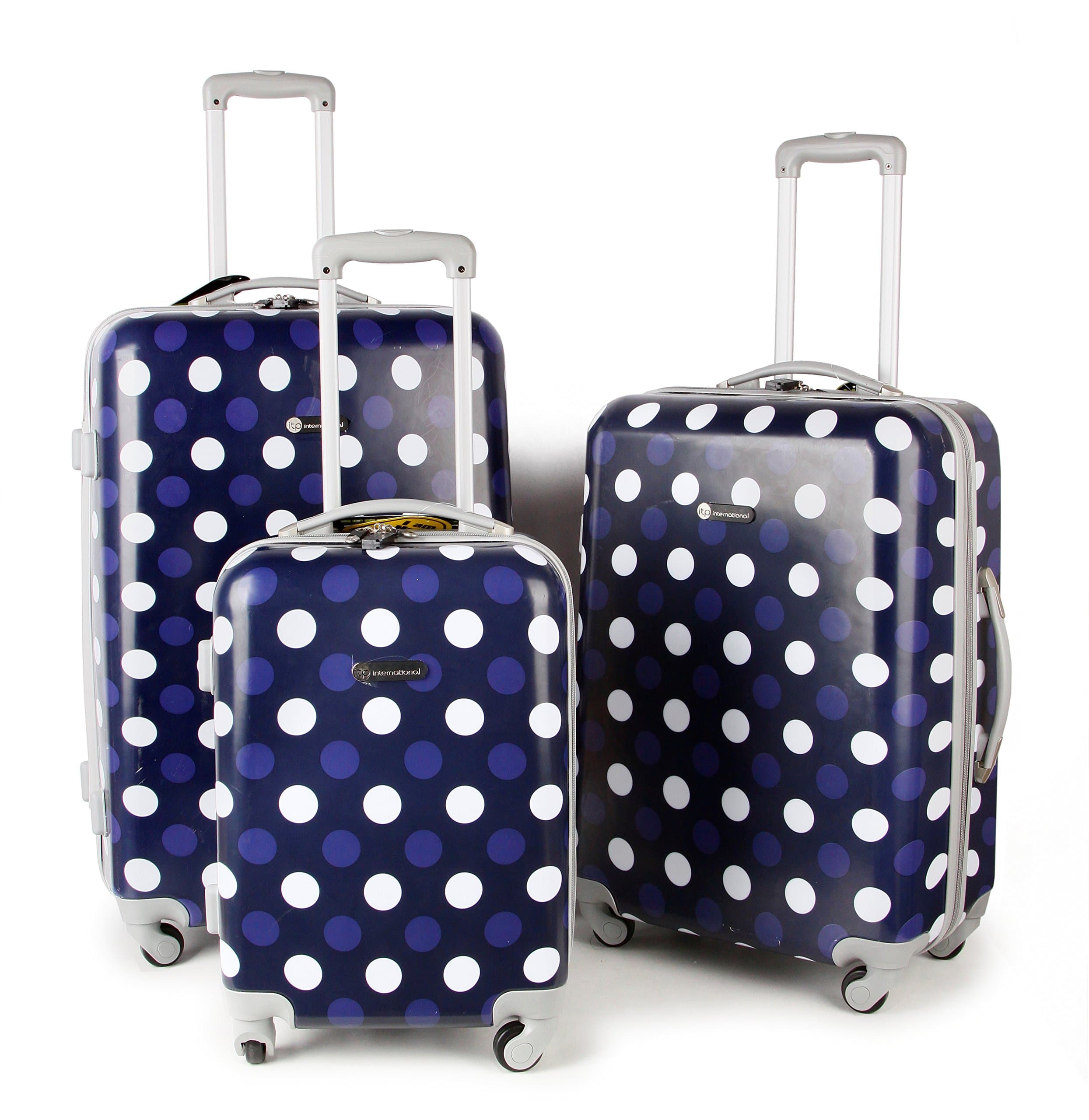 Large ABS Hardshell 4 Wheels Spinner in Navy & White Polka Dots