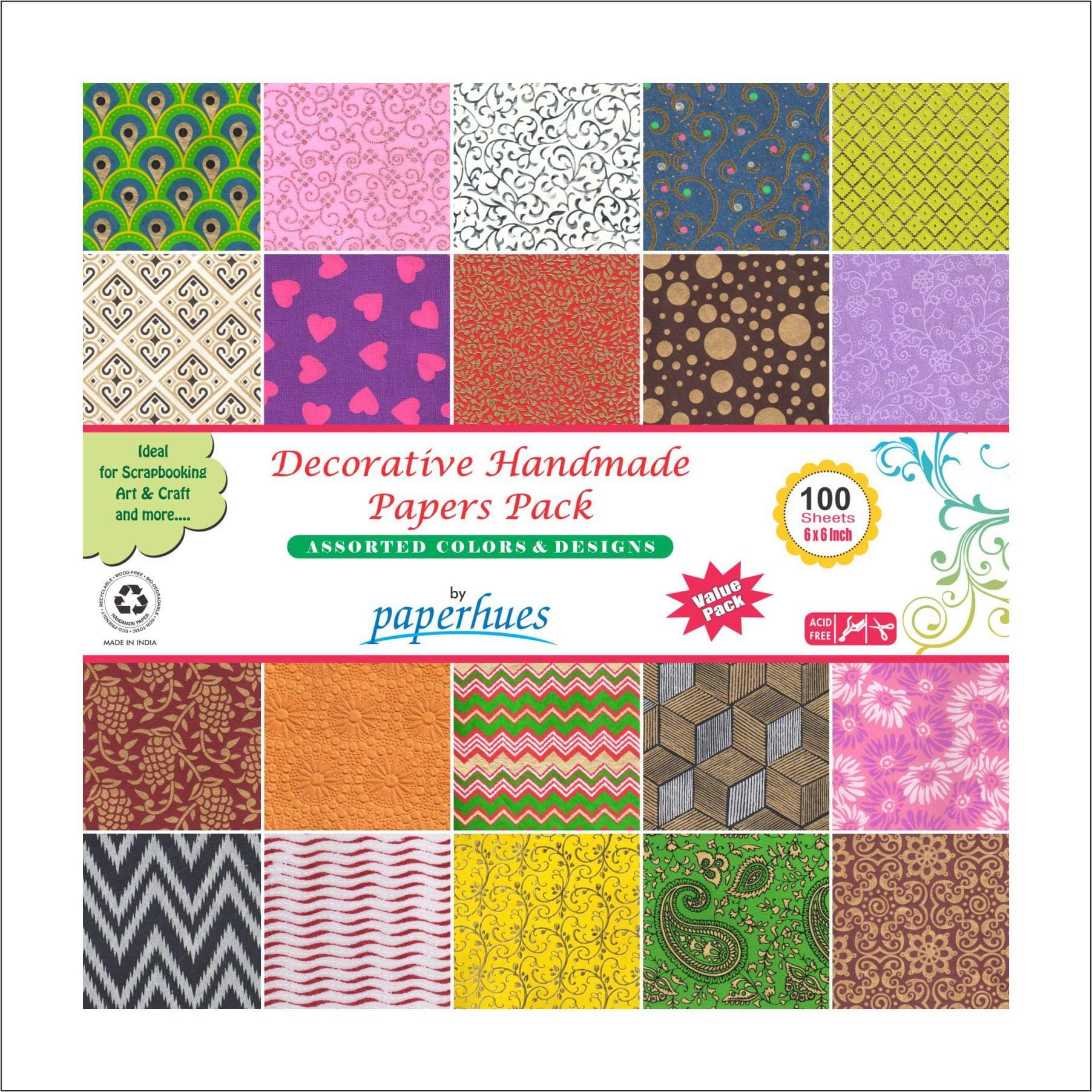PaperhuesDecorative Scrapbook Papers 15.2x15.2 cm Pack, 100 Sheets, Assorted Colors. Forever Collection. Specialty Handmade Origami Papers for Scrapbooking, Decoupage, Cards, Gift Wrap, Art &Craft.