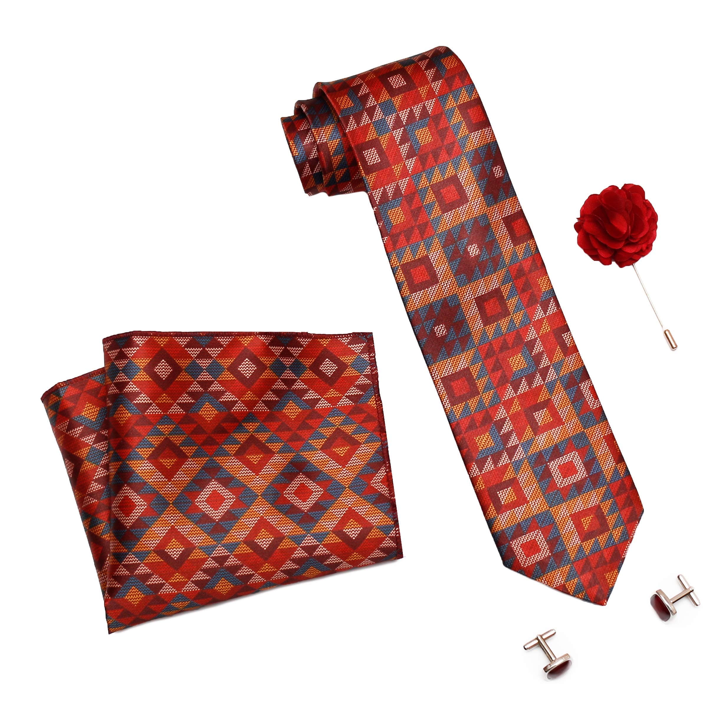 Formal/Casual Printed Polyester Necktie Set with Pocket Square, Lapel Pin and Cufflinks for Men (Free Size, Multicolour)