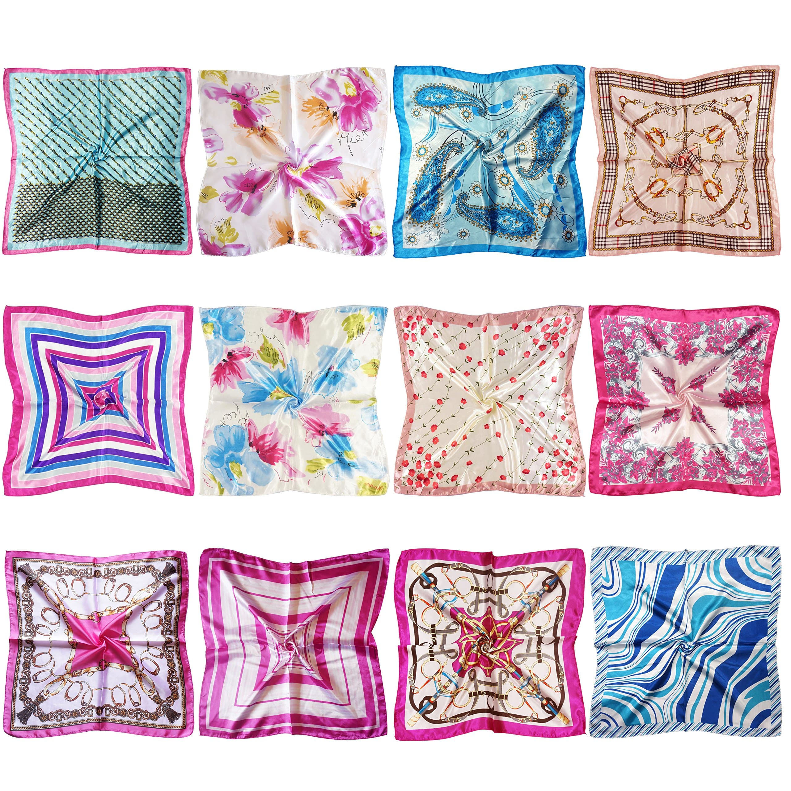 12 Set Mixed Designs Small Square Satin Womens Neck Head Scarf Scarves Bundle