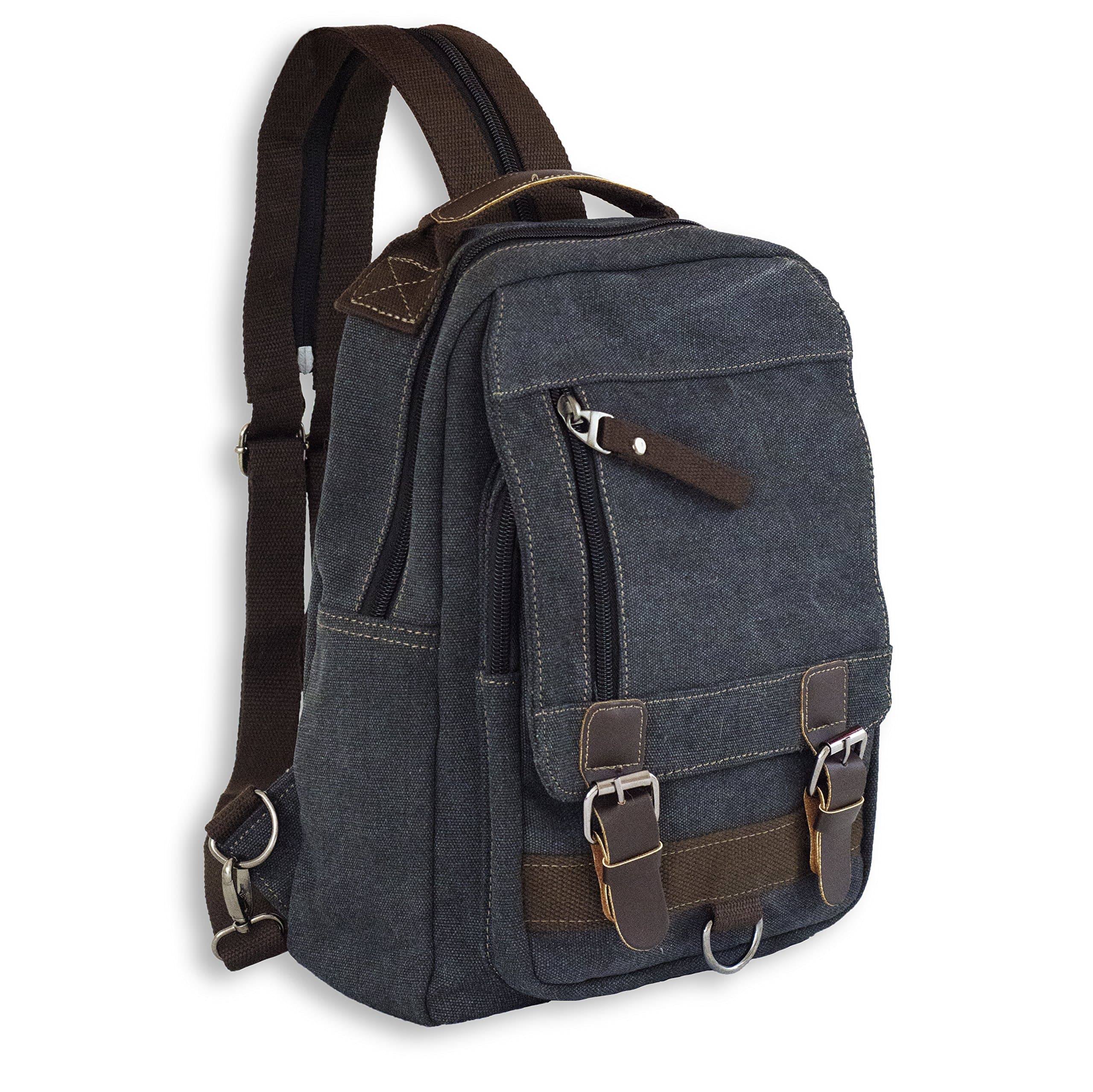 Small Messenger Bag and Sling Backpack Convertible Canvas Cross Body Shoulder Pack - Wear With One Strap or Two (Charcoal)
