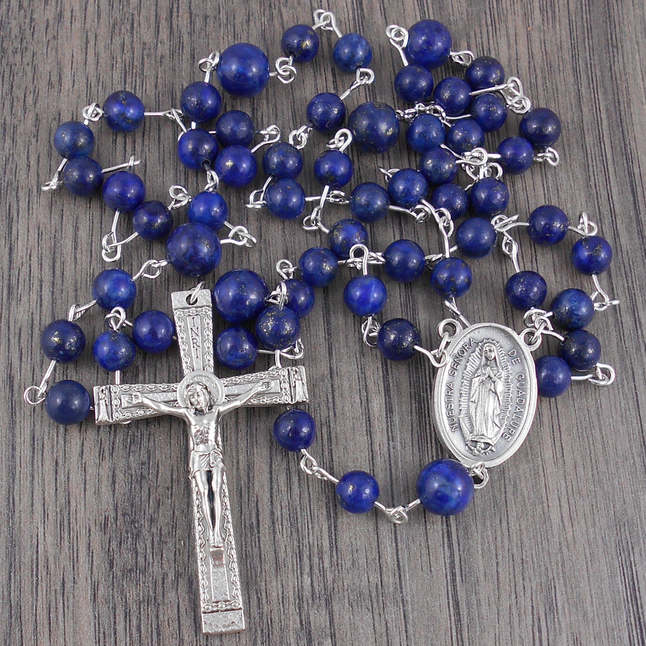Lapis Lazuli Rosary with silver Italian made crucifix, includes Gift Box