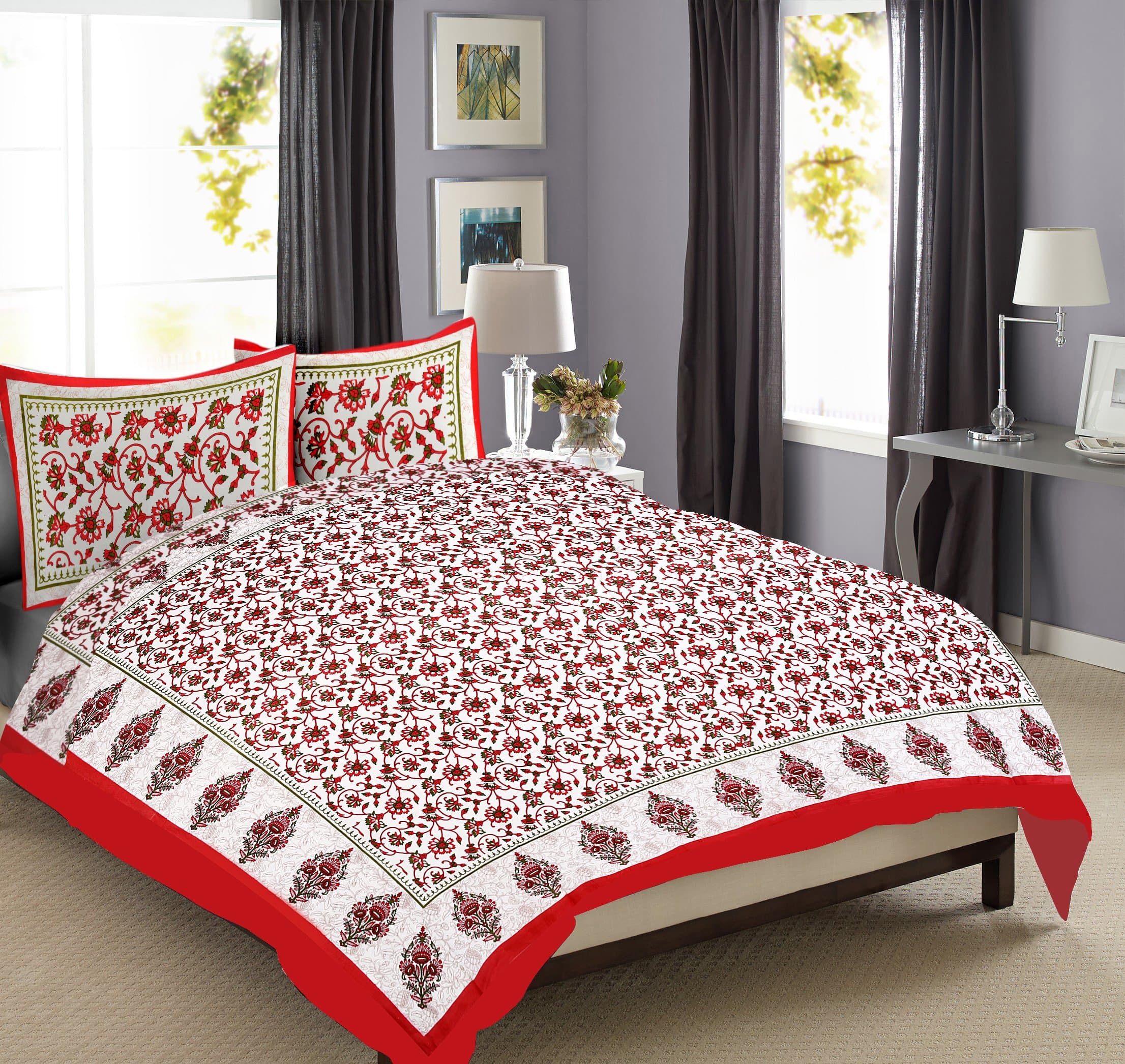 Jaipur Textile - Exclusive bedsheets Set for Double Bed Cotton Full King Size Luxury Designer Jaipur 100% Cotton Sanganeri Printed Mattresses Bedcover Traditional Duvet with 2 Pillow Cases (Red)