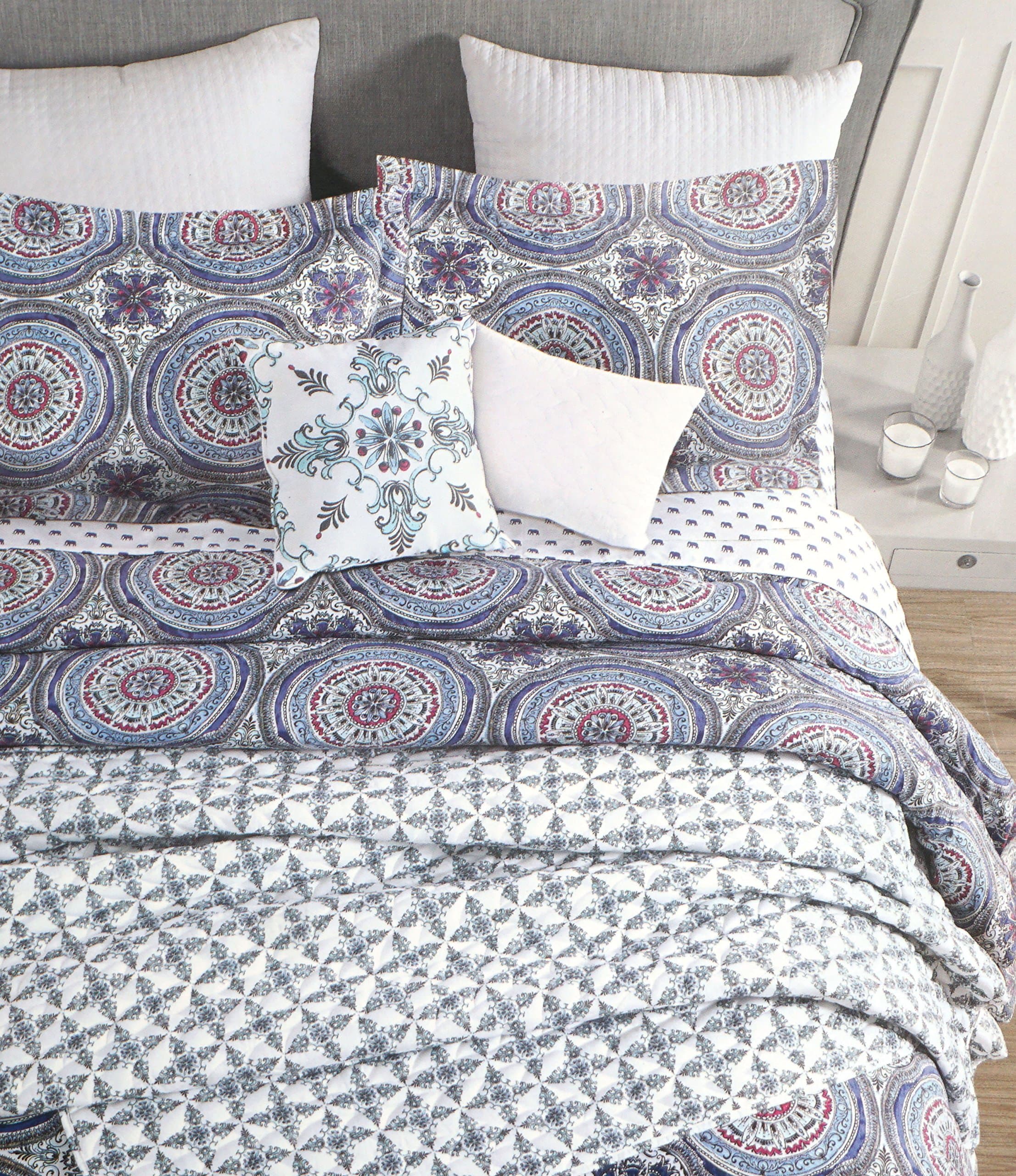 Geometric Round Boho Intricate Medallion Pattern in Shades of Blue Purple Black on White, Artisan de Luxe 3 Piece King Duvet Cover Set -- Tiarella